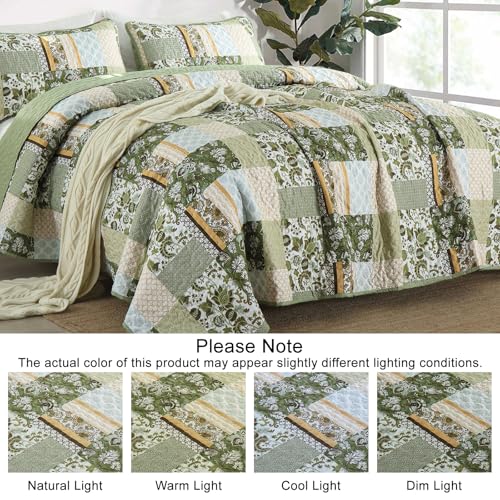 WONGS BEDDING Quilt Set Queen Size Green, 3 Pieces Patchwork Plaid Bedspread Coverlet Set, Floral Soft Microfiber Bedding Set for All Season(96"×90“) WONGS BEDDING