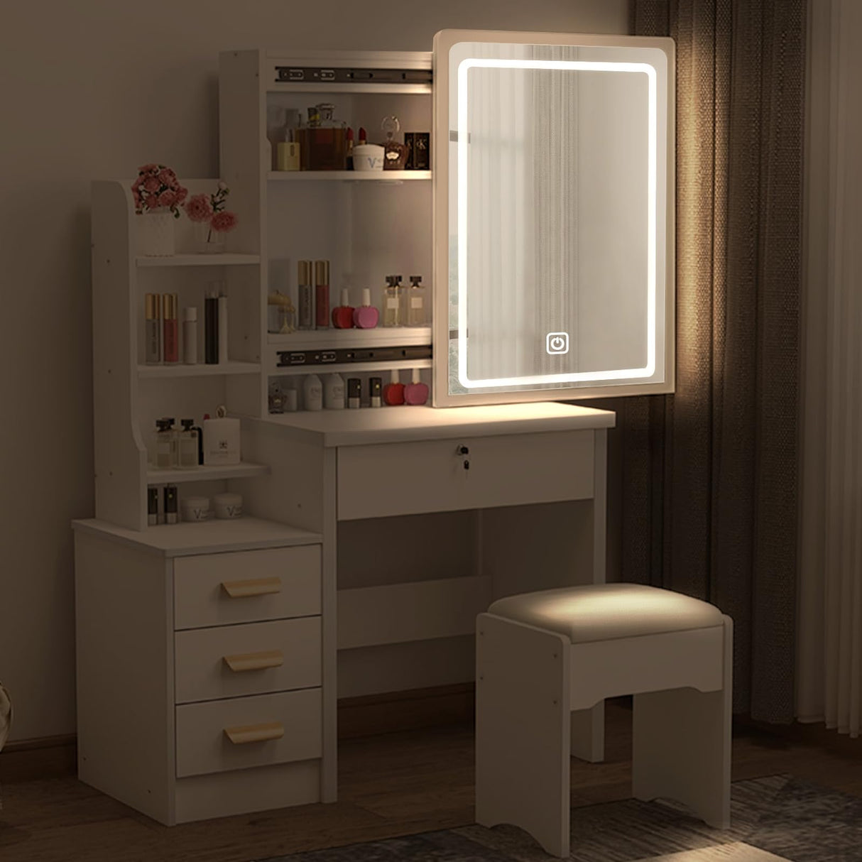 BOSTANA Vanity Desk with Lights,Makeup Vanity with Mirror,Small Vanity with 4 Drawers&Storage Shelves,Vanity Desk with LED Lights,Extra Large Sliding Mirror,3 Lighting Modes,Brightness Adjustable BOSTANA