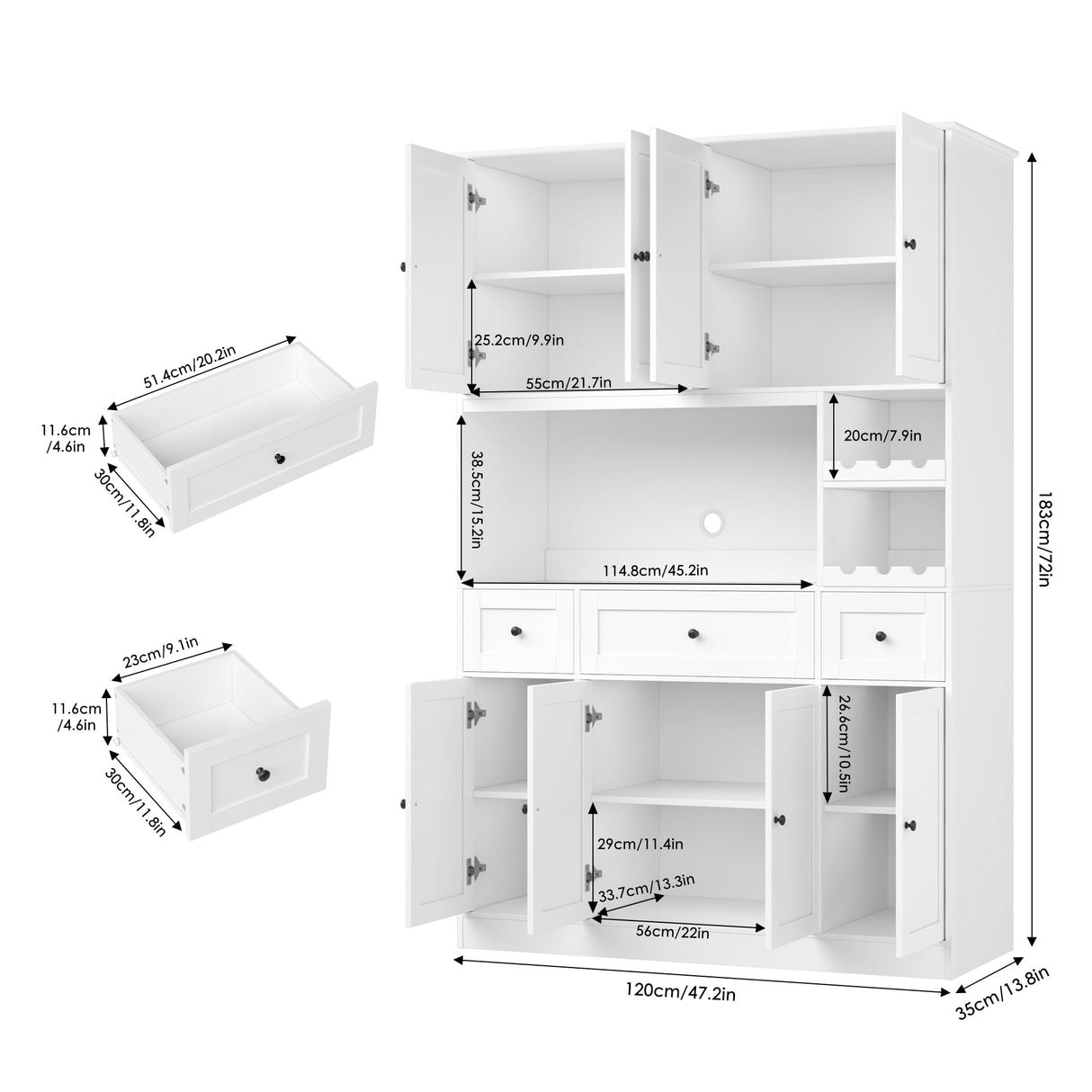 BOTLOG 72" Tall Kitchen Pantry Storage Cabinet with Wine Rack, Large Pantry Cabinet with Microwave Stand, Modern Kitchen Hutch Food Pantry Cabinet for Kitchen, Dining Room, White BOTLOG
