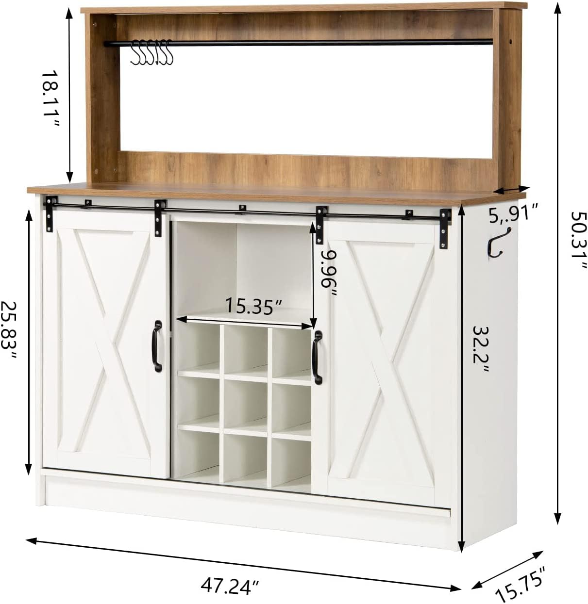 4 EVER WINNER Farmhouse Coffee Bar Cabinet with Hutch, 47” Sideboard Buffet Cabinet w/Sliding Barn Doors, 6 Hooks, Liquor Cabinet with Floating Shelf Wine Racks for Living Dining Room, White 4 EVER WINNER