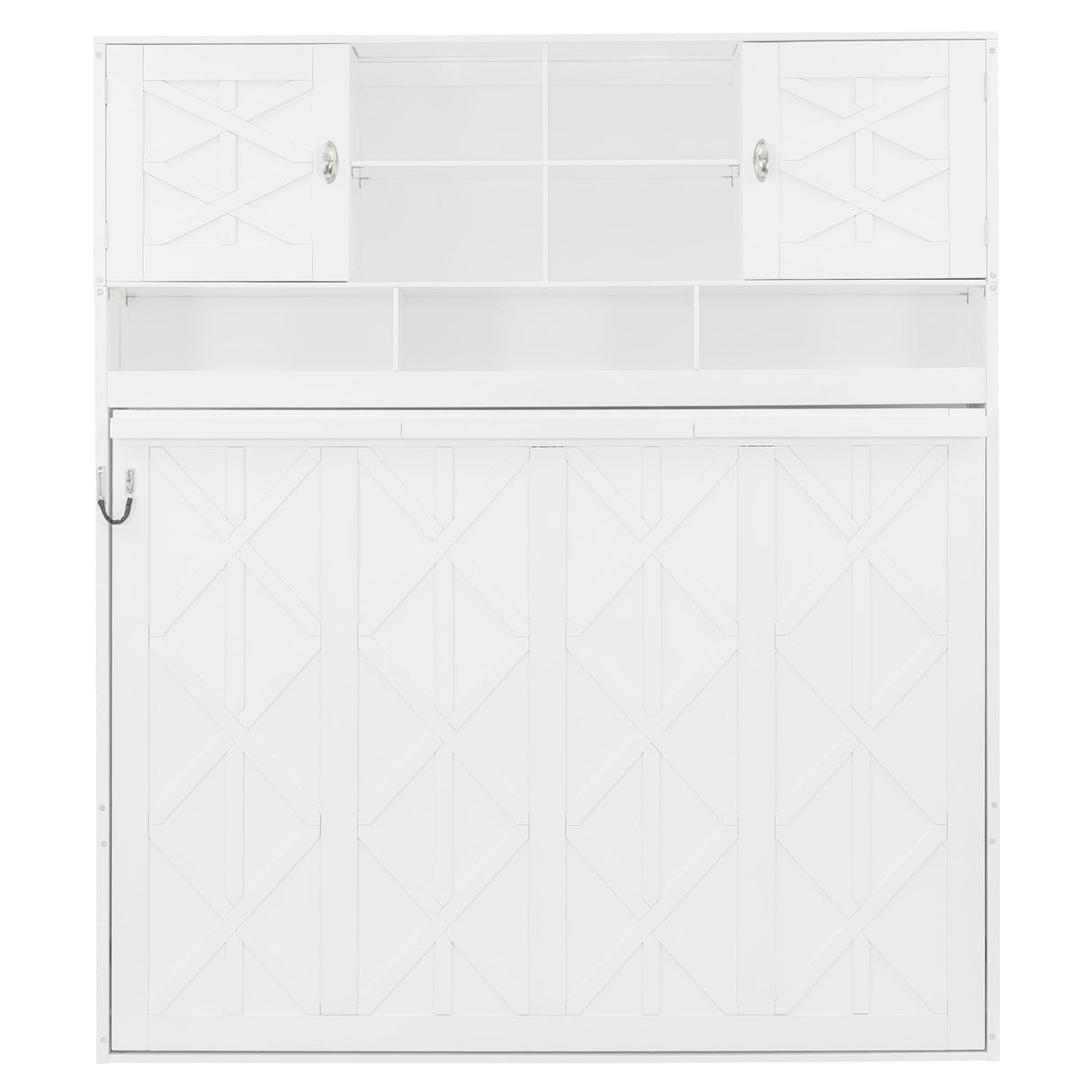 Merax Queen Size Murphy Bed with Ample Storage Shelves, Horizontal Murphy Wall Bed with Diamond Stripes, No Box Spring Needed, White Merax