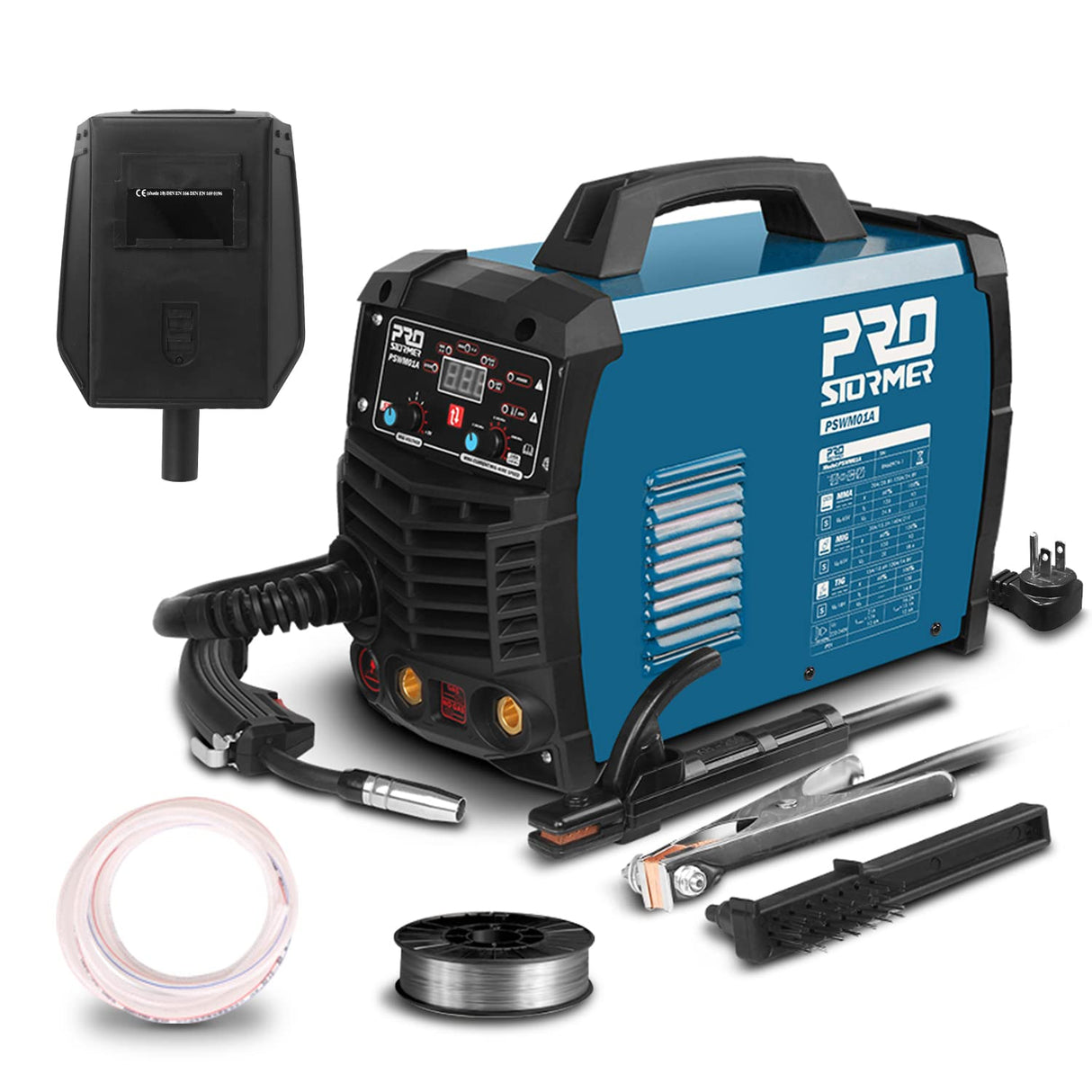 Prostormer Welding Machine, MIG/TIG/MMA 3 in 1 Multifunctional Welder with Digital Display, Electrode Holder, Earth Clamp, Input Power Adapter Cable and Brush Prostormer