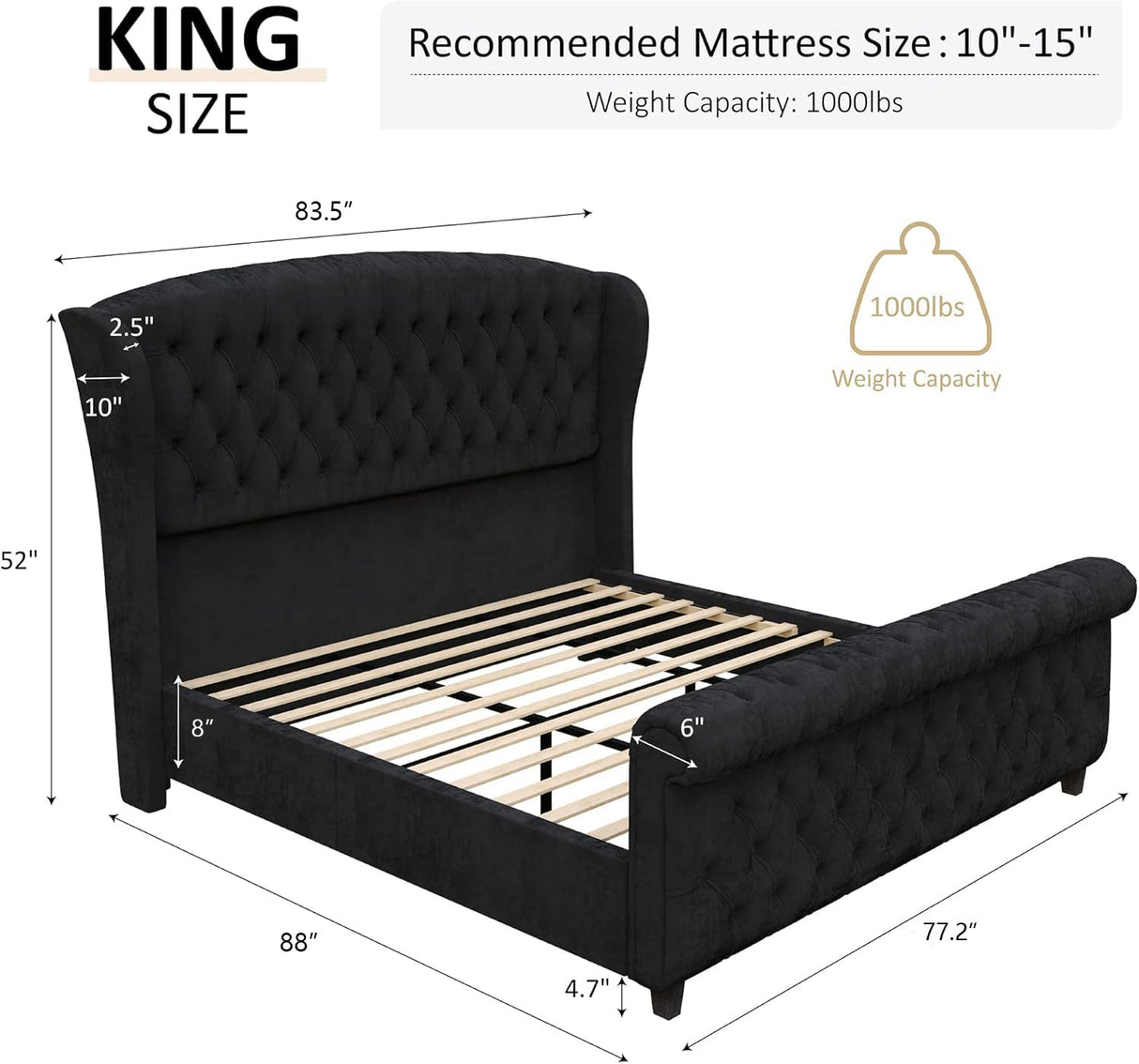 AMERLIFE King Size Platform Bed Frame, Velvet Upholstered Sleigh Bed with Scroll Wingback Headboard & Footboard/Button Tufted/No Box Spring Required/Easy Assembly/Black AMERLIFE