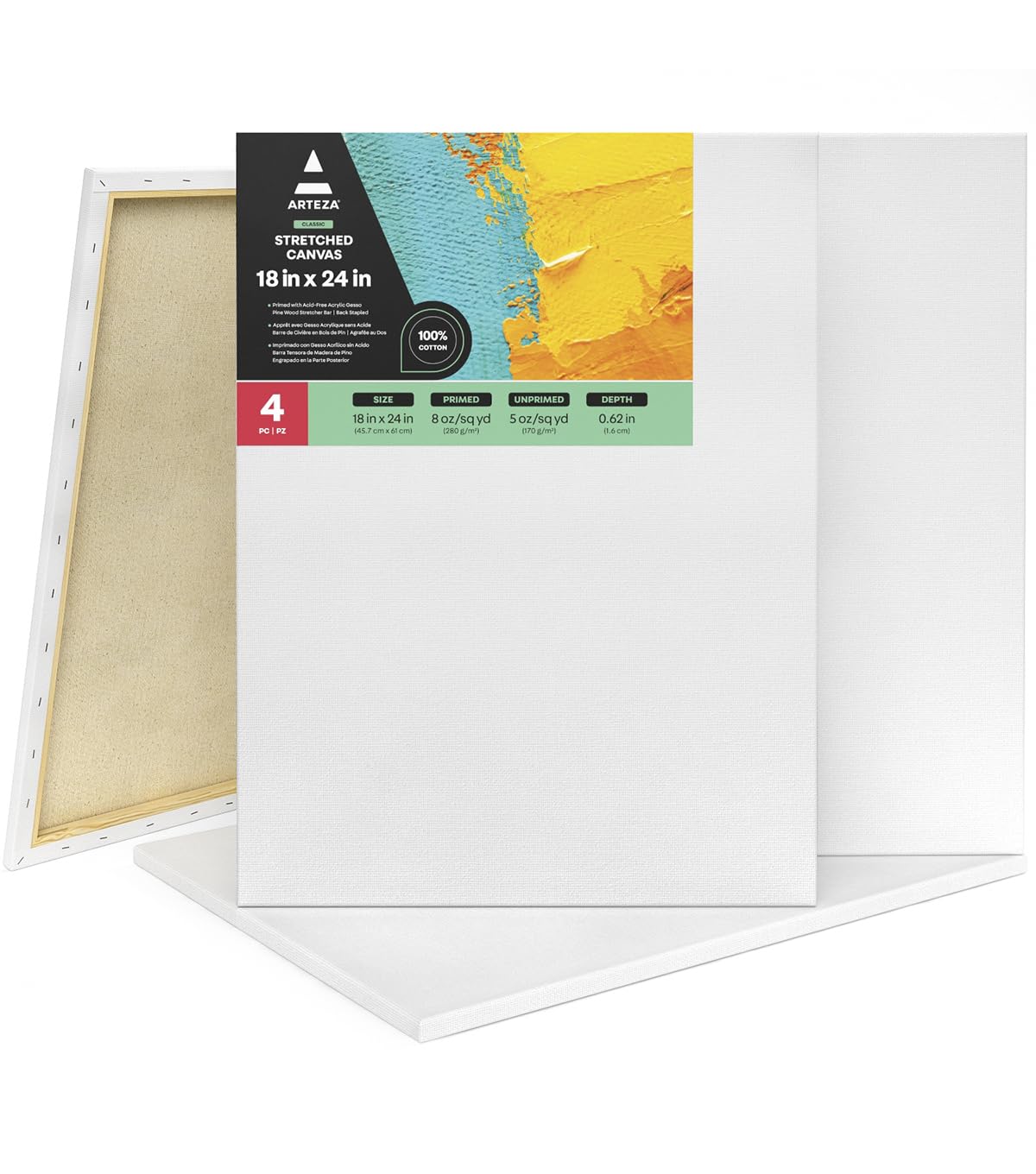 ARTEZA Stretched Canvas, 18 x 24 Inches, Pack of 4, Blank White Large Canvas for Painting for Acrylic, Oil and Gouache Paints ARTEZA