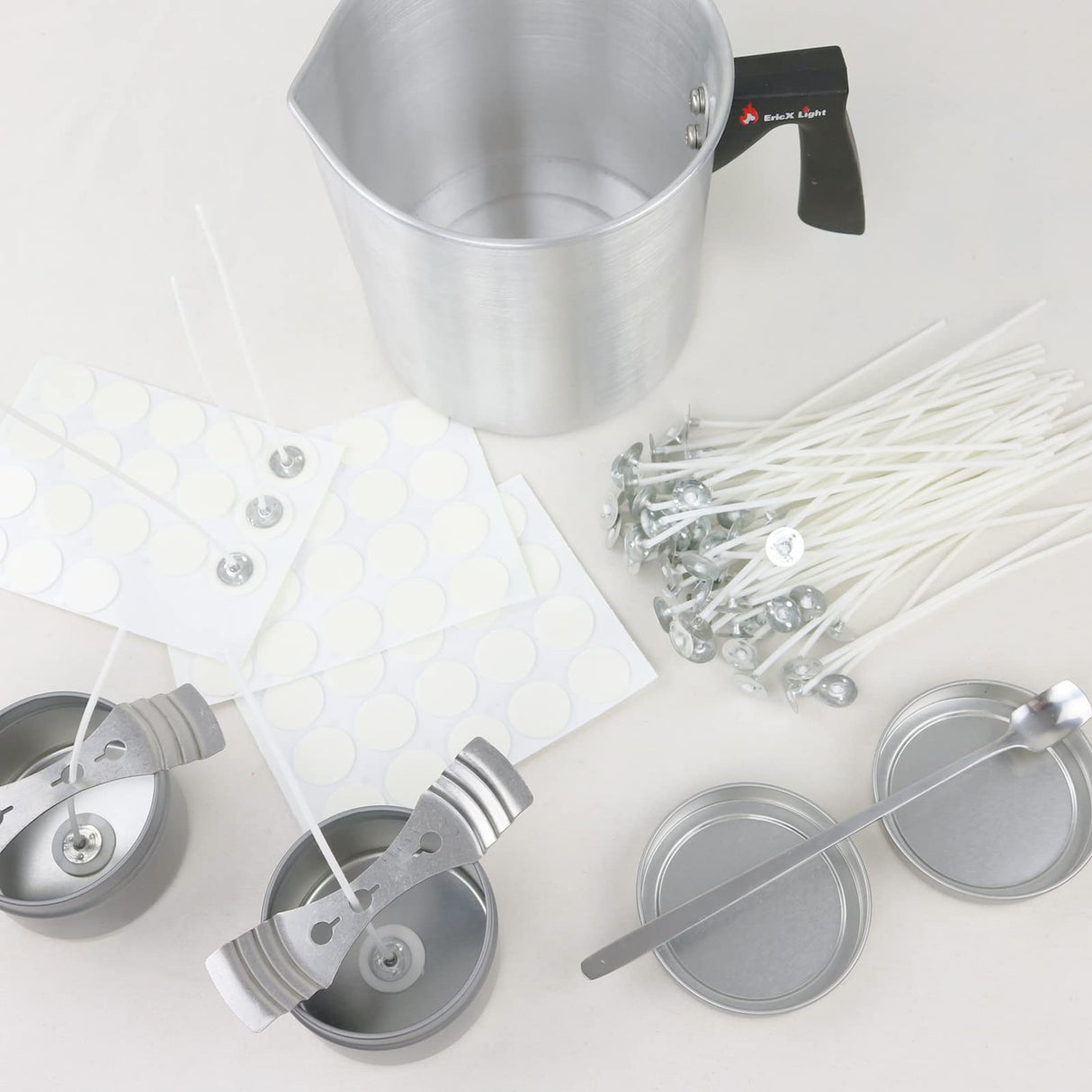 EricX Light Candle Making Kit, 60pcs Candle Wicks, 60pcs Candle Wicks Sticker, 1pc Candle Wax Pouring Pot, 2pcs 3-Hole Wicks Centering Devices, 1pc Mixing Spoon, DIY Candles Craft Tools EricX Light