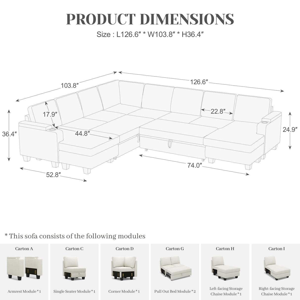Belffin Oversized Sleeper Sofa U Shaped Modular Sectional Couch with Double Storage Chaise Convertible Sofa Bed. White Couch Belffin