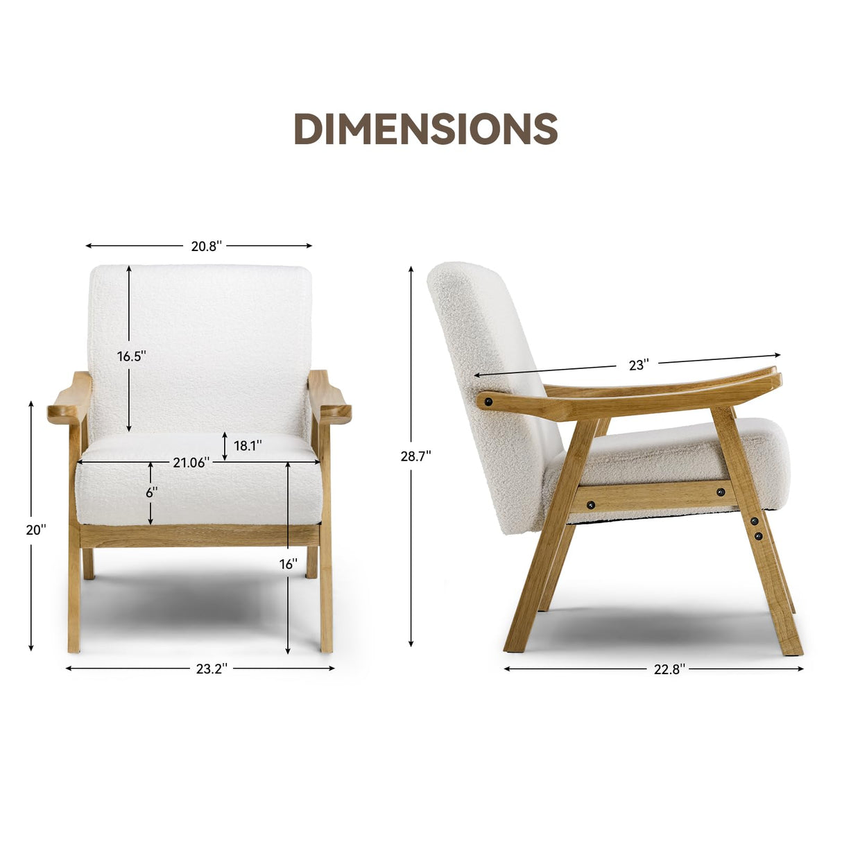COMHOMA Mid Century Accent Chair, Modern Upholstered Living Room Chairs with Solid Wood Armrest, Comfy Reading Armchair for Bedroom, Sunroom, Balcony (Curved Armrests, White) COMHOMA