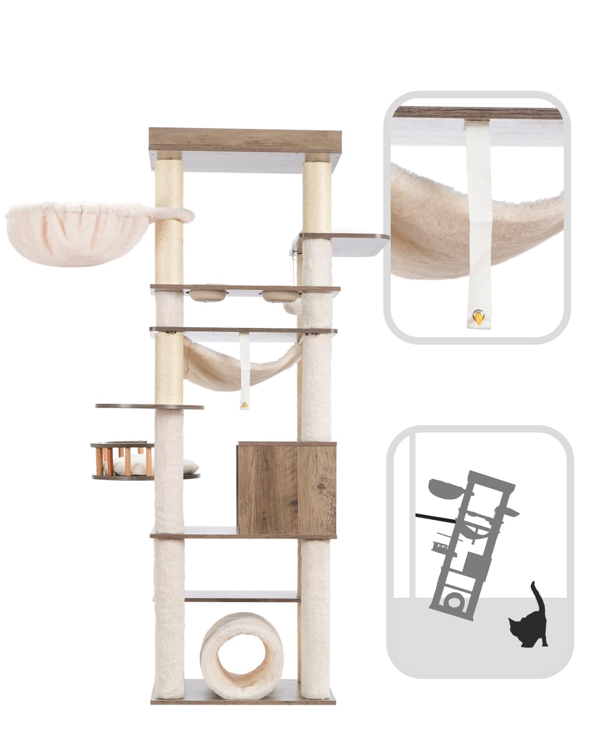 Gitelsnour Cat Tree, 64" Tall Wood Cat Tower for Indoor Cats Large Adult, Modern Cat Condo with Scratching Post and Food Station, Cat Tunnel, 2 Cat Bowls, Hammock, Rustic Gray GCT101-MSG Gitelsnour
