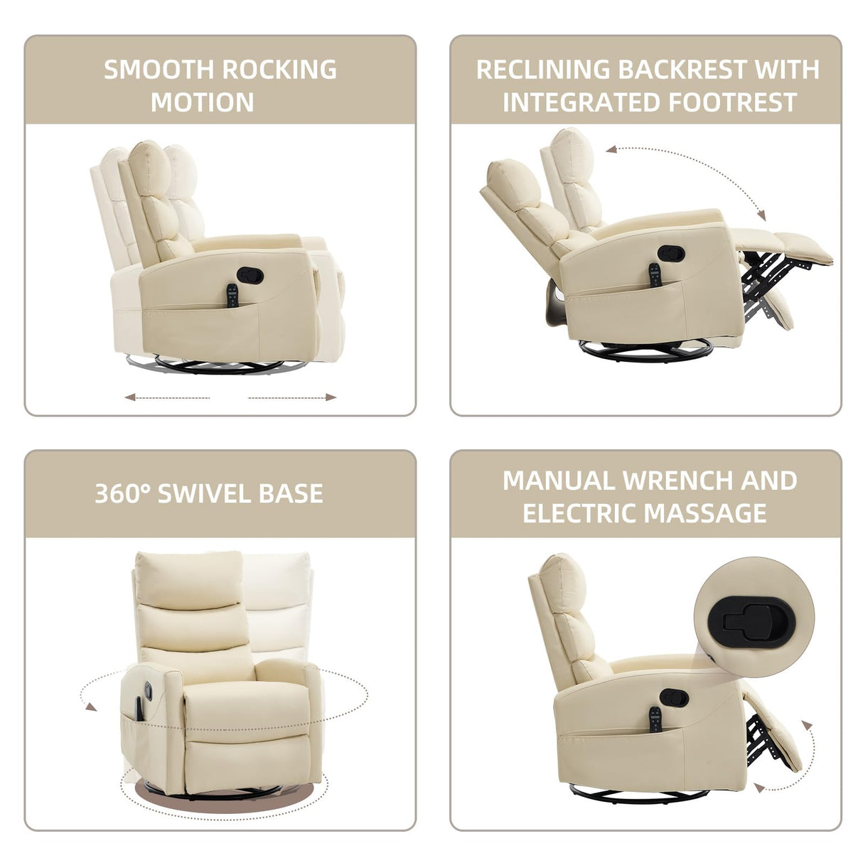 PELUMY Manual Recliner Chair with Heat & Vibration Massage, 360° Swivel Rocker Recliner with 155° Recline and Lumbar Heat, Compact Recliner for Living Room & Small Spaces (Breathable Leather, Beige) PELUMY