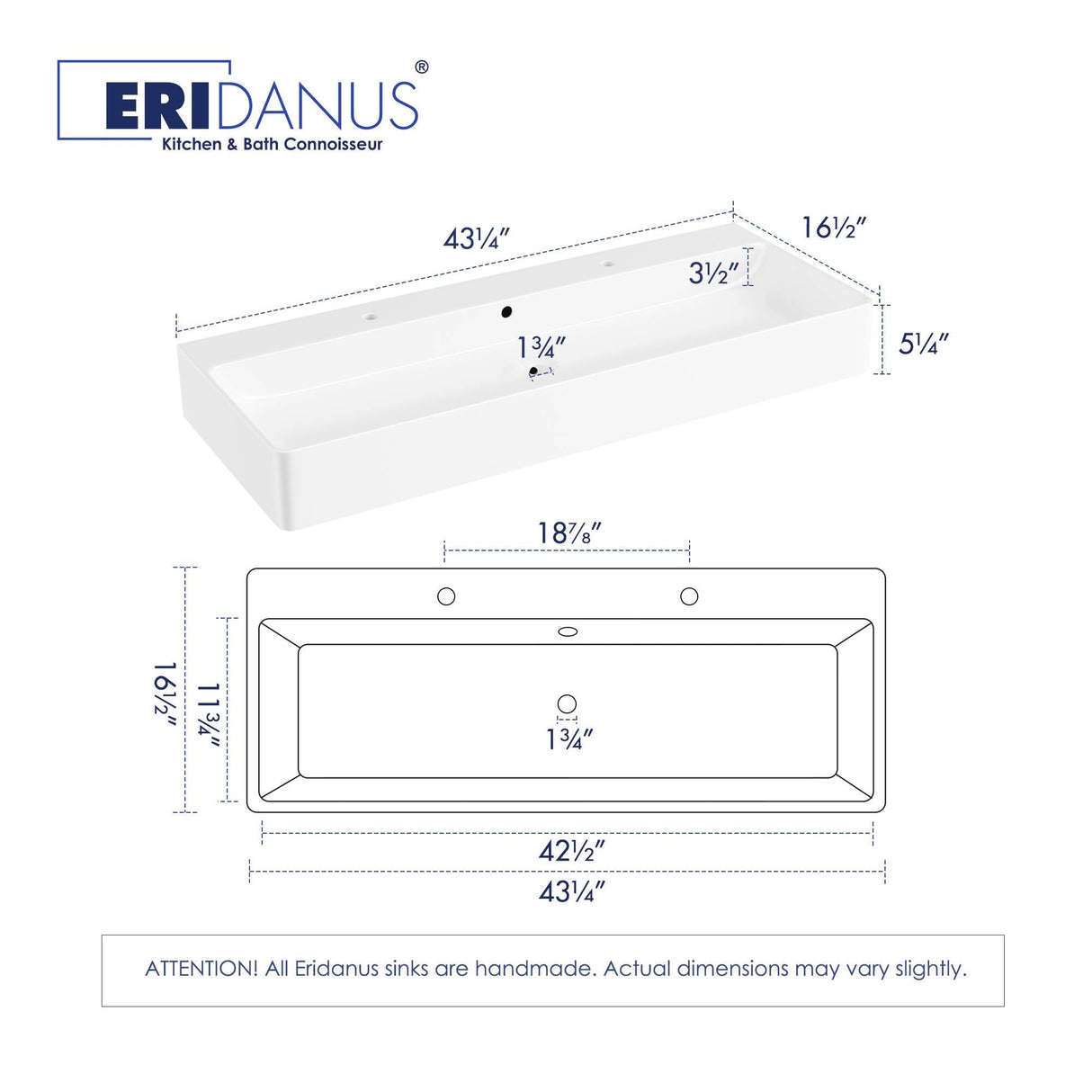 Eridanus Bathroom Sink Rectangle 43" x 16", Two Hole Vitreous Ceramic Vessel Sink, Countertop & Wall Mount, Modern Porcelain Vanity Floating Sink Art Basin Trough with Overflow, Glossy White Eridanus