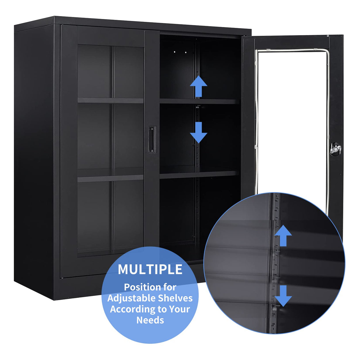 Yizosh Metal Storage Cabinet with Glass Doors - 35.4" Locking Display Cabinet with 2 Adjustable Shelves, 3-Tier Steel Cabinet Locker for Home Office, Living Room, Bedroom (Black) Yizosh