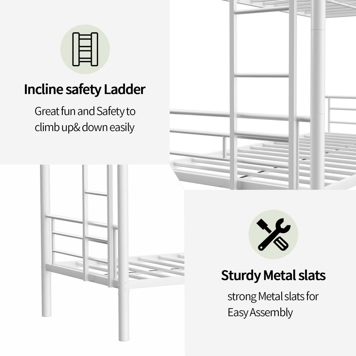 Zyerch Twin Over Twin with Trundle Bunk Bed Frame,Heavy Duty Solid Metal Bunkbed with 2 Ladders and Guardrail,Convertible Bunk Beds,No Box Spring Needed Twin Over Twin Beds Frame for Adults,White Zyerch