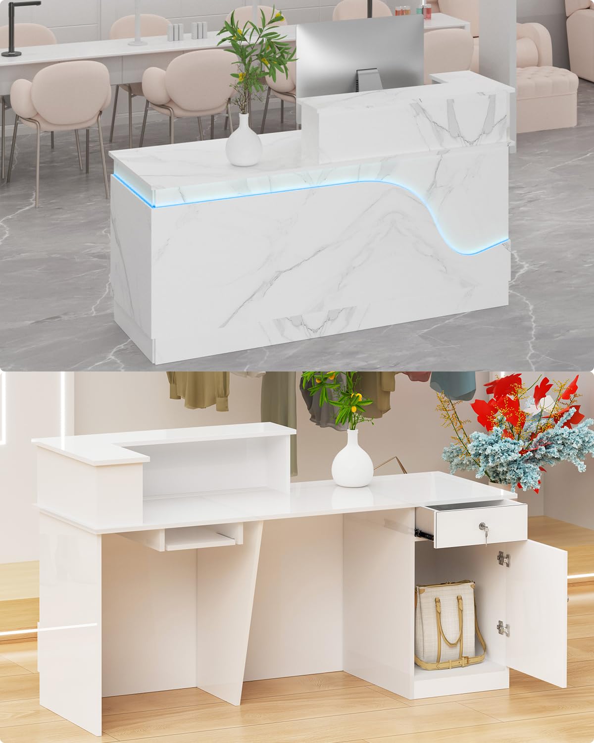 Gguileb Front Desk Solid Wooden Modern Reception Desk with Counter & Lockable Drawers & Cabinets, Retail Checkout Counters for Checkout/Office/Beauty Salon/Store (White-Right, 63×23.6×39.3″) Gguileb