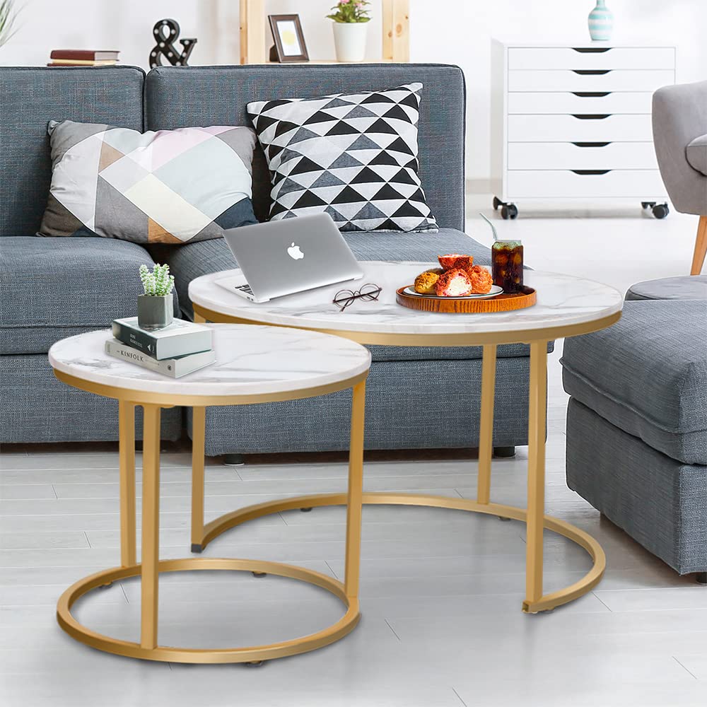 aboxoo Coffee Table Nesting White Set of 2 Side Set Golden Frame Circular Round and Marble Pattern Wooden Tables, Living Room Bedroom Apartment Modern Industrial Simple Nightstand aboxoo