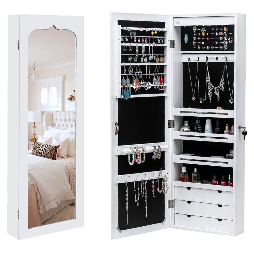 Full Length Mirror Jewelry Cabinet - 4-Layer Shelf Wall Mounted Jewelry Organizer with 8 LED Lights - Jewelry Armoire with Mirror And 6 Drawers - Wall and Door Hanging Jewelry Organizer - White WEI WEI GLOBAL