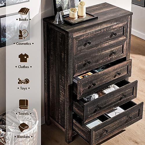 VanAcc 5 Tall Dresser for Bedroom with Drawers, Tall Chest of Drawers with Vintage Grain Texture, Farmhouse Wood Dresser for Bedroom, Living Room, Hallway, Dark Oak VanAcc