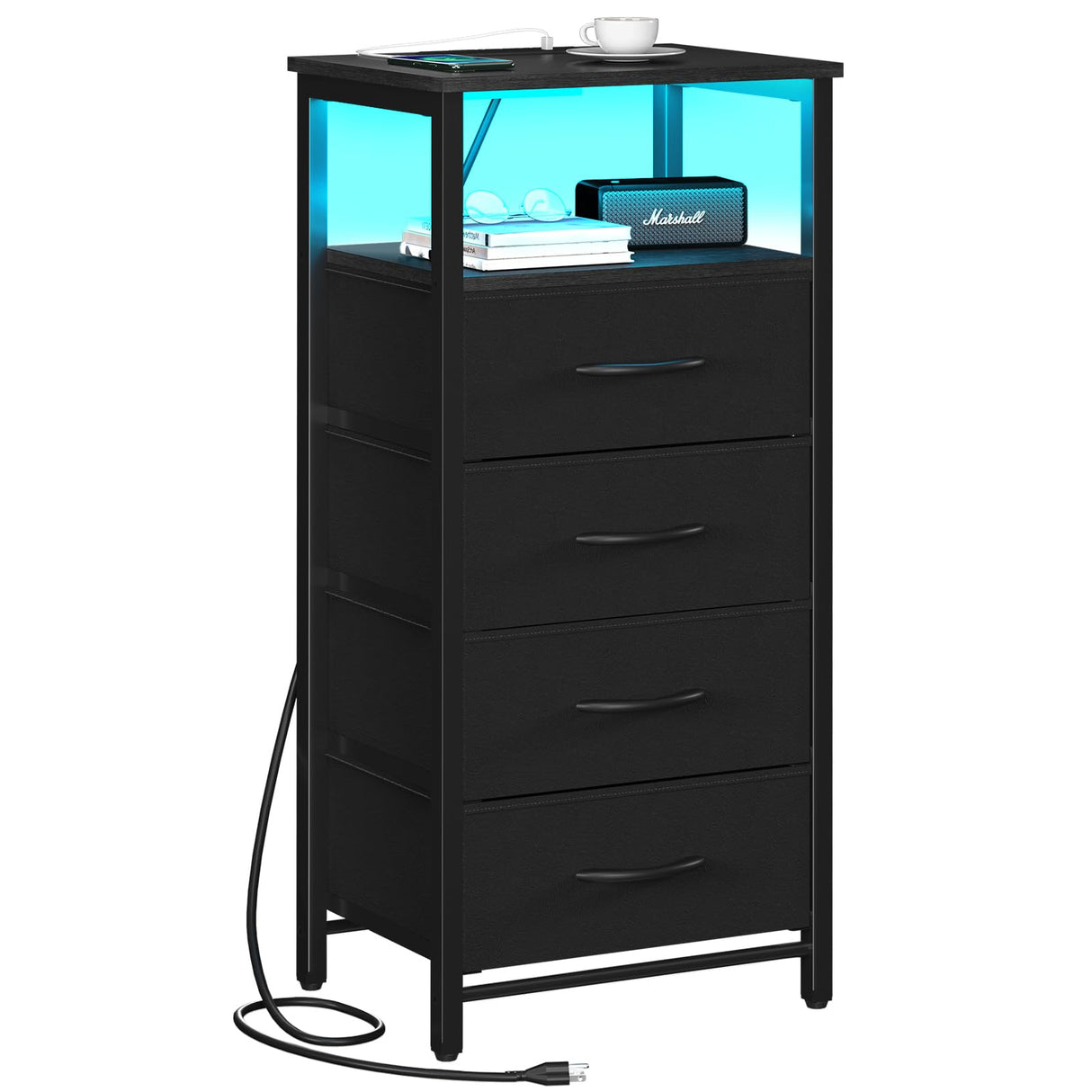 Yoobure Night Stand - Small Dresser for Bedroom, LED Black Nightstand with Charging Station, Bedside Table with 4 Fabric Drawers and Open Shelf, Vertical Dressers with USB Ports and Outlets Yoobure