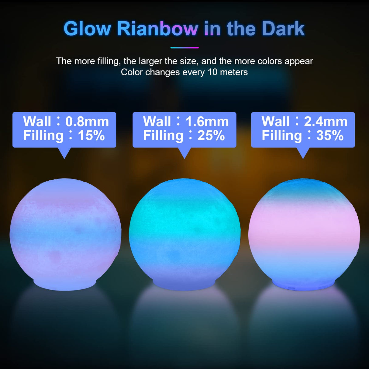 GIANTARM Glow in The Dark Rainbow Luminous PLA Filament 1.75mm, 1kg 3D Printer Multicolor Filament Gradient, Color Change in 10 Meters, with High Brightness, Fast Glow and Long Time Glowing GIANTARM