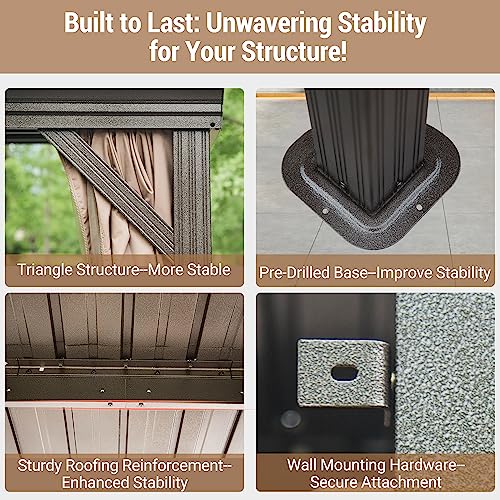 Domi 12x14FT Lean to Gazebo, Hardtop Wall Mounted Gazebo with Sloping Galvanized Steel Roof, Wall Pergola with Aluminum Frame, Curtains and Netting, for Patio, Deck, Garden, Backyard domi outdoor living