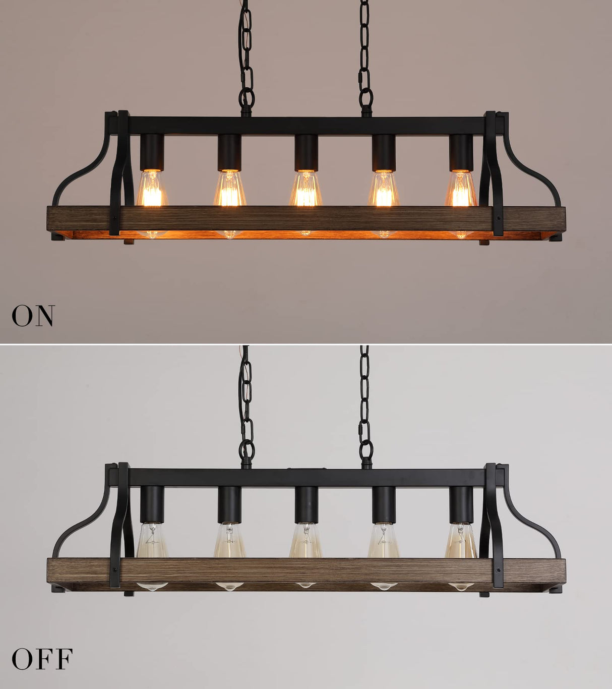 MEIXISUE Rustic Kitchen Island Dining Room Light Fixture Farmhouse Linear Chandelier Black and Retro Wood Finish 5-Light Industrial Metal Hanging Pendant Light UL Listed L33.5 W10.6 MEIXISUE