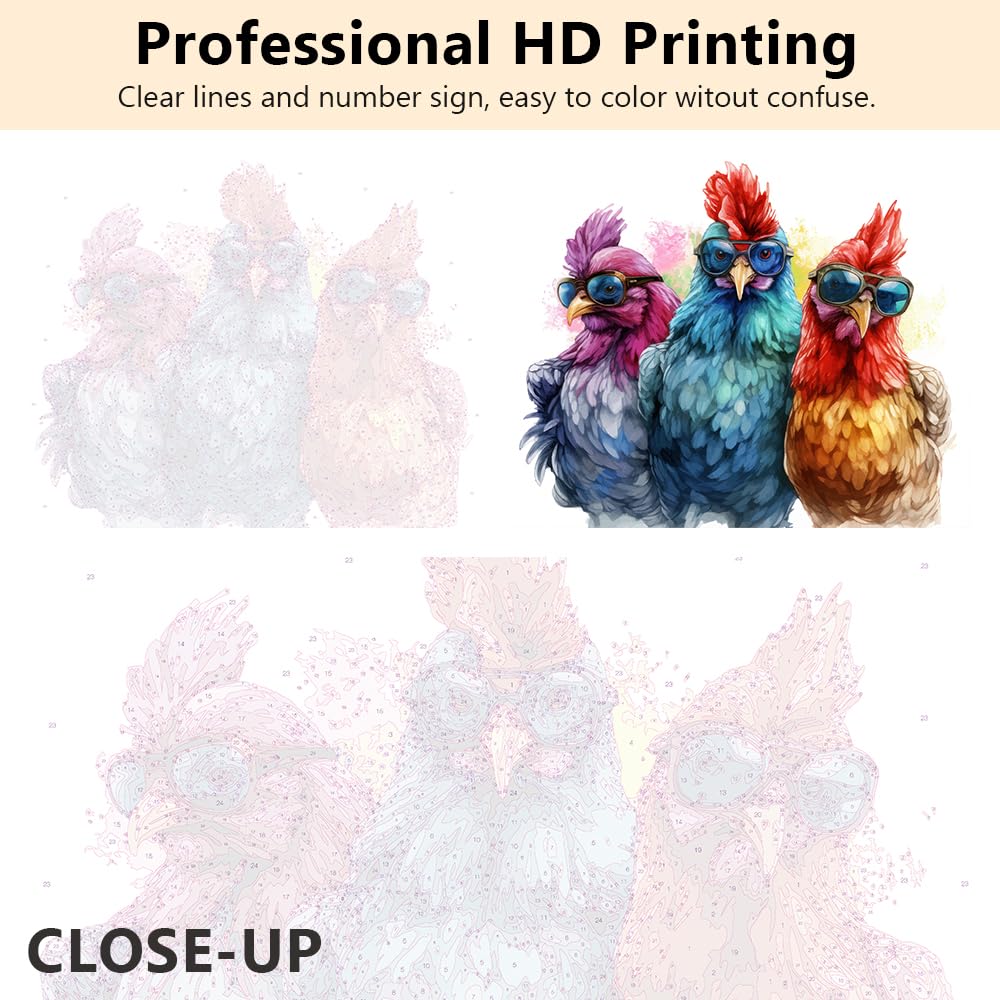 Paint by Numbers for Adults Chickens with Sunglasses Drawing Beginner Paint by Number on Canvas DIY Animal Painting Art Modern Funny Paintwork Decor for Living Room Wall Decoration 16x20 in Rebotipy