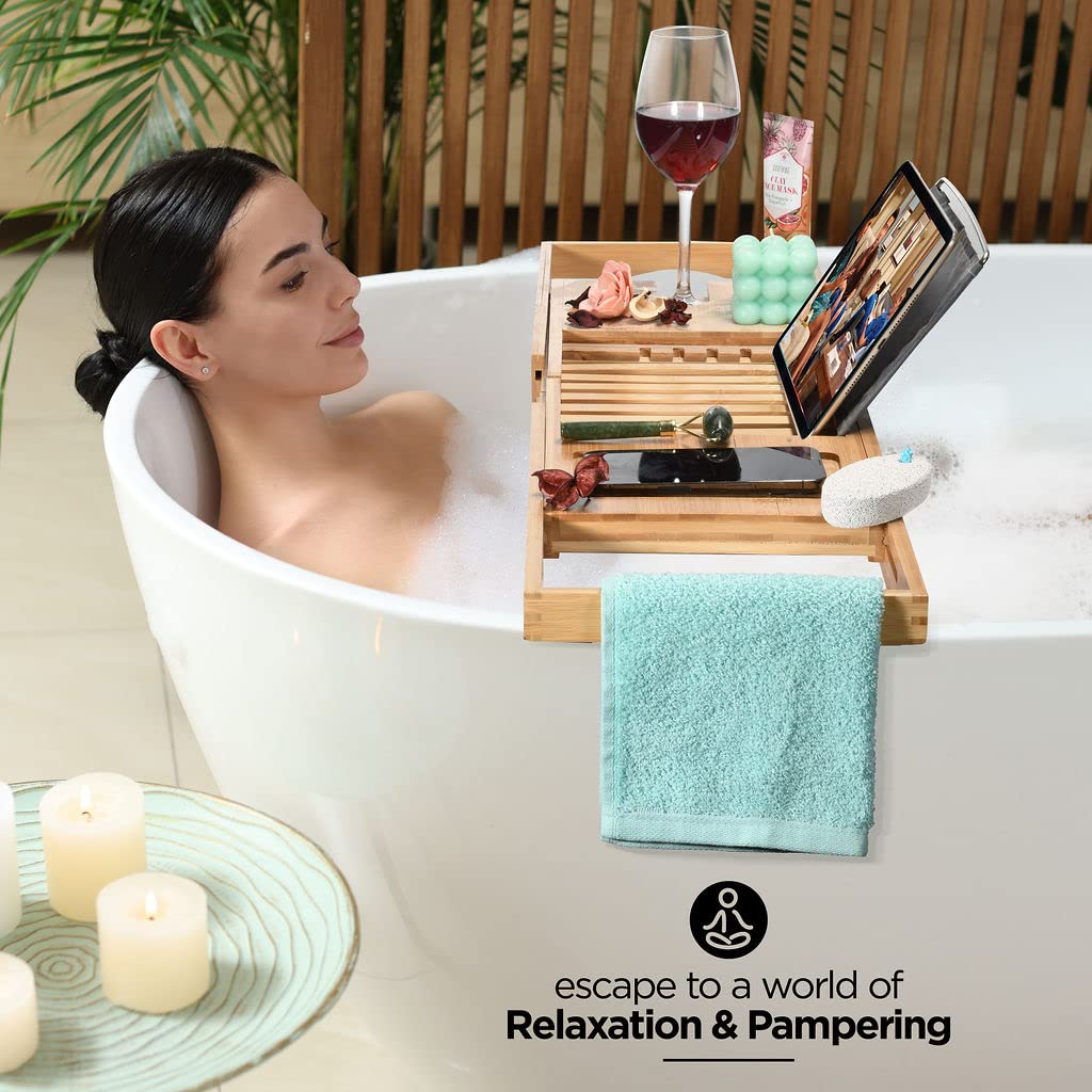 Luxury Foldable Bathtub Tray Caddy - Waterproof Wooden Bath Organizer for Wine, Book, Soap, Phone - Expandable Size Fits Most Tubs HOME IT