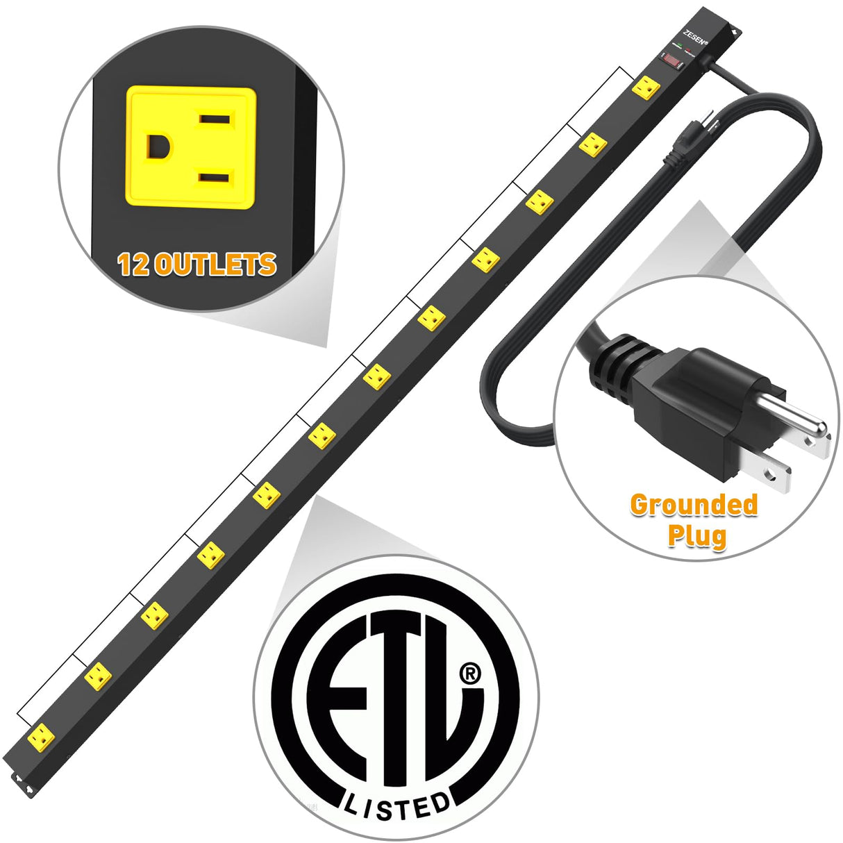ZESEN 12 Outlet Heavy Duty Workshop Metal Long Power Strip Surge Protector with 15ft Cord, Garage Workbench Multi Wide Industrial Outlet Power Strip, ETL Certified, Black ZESEN