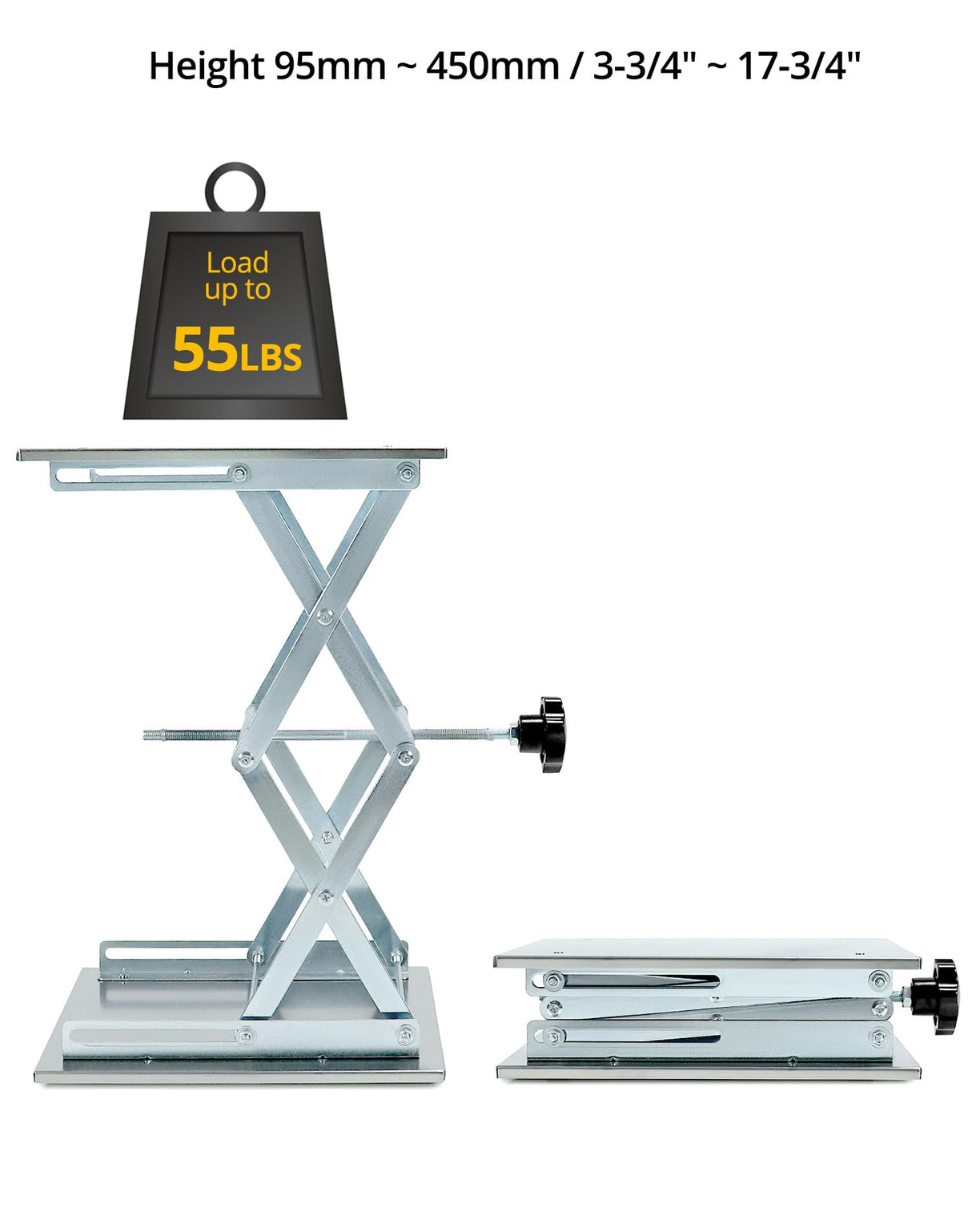 QWORK Lift Tables, 12"x12" Lab Scissors Jack, 304 Stainless Steel Scissor Stand, 18" Height 55lbs Load Jack Platform, Lifting Platform QWORK