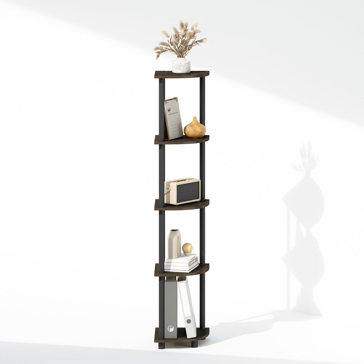 Furinno Turn-N-Tube Corner Shelf, 5-Tier Corner Display Rack, Shelving Unit, for Organization and Storage, Living Room, Home Office, Garage, Bedroom, Dark Brown Grain Furinno