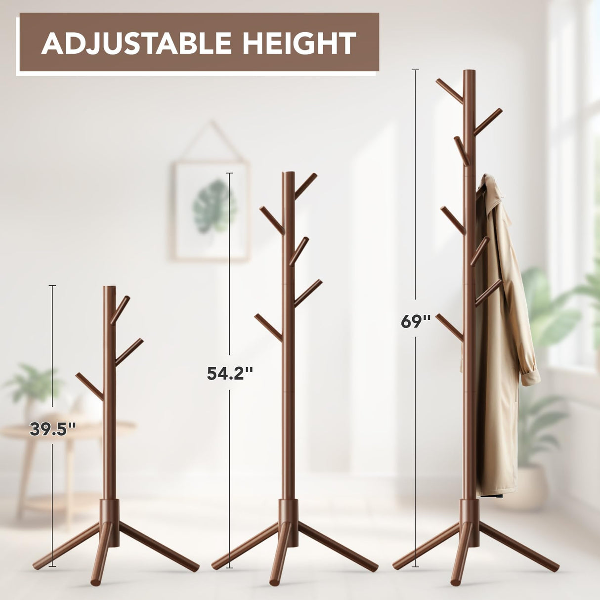 Hupmad Wooden Tree Coat Rack Stand,Sturdy Freestanding Coat Rack with 8 Hooks,3 Adjustable Height for Child Adult,Wood Coat Stand Tree Fits Entryway Bedroom Office for Bags,Hats Hupmad