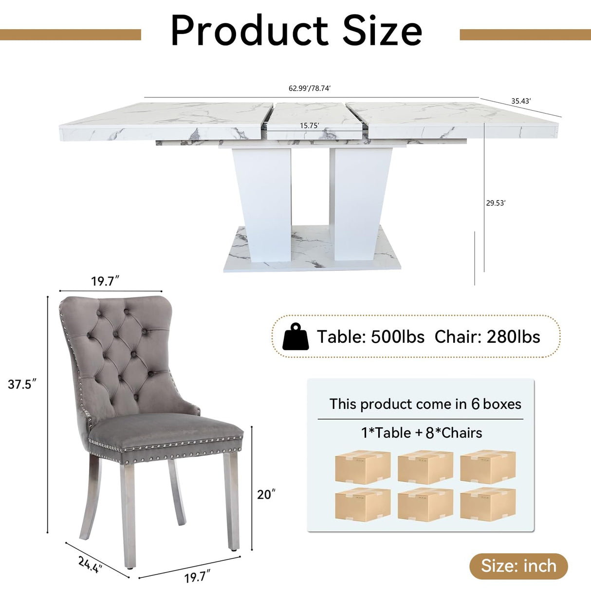 9 Piece Faux Marble Extendable Dining Table Set for 8, 78.74" White Expandable Dining Table Grey Velvet Chairs Set of 8, Wooden Expanding Kitchen Dining Room Table Set 8 TehRecBT