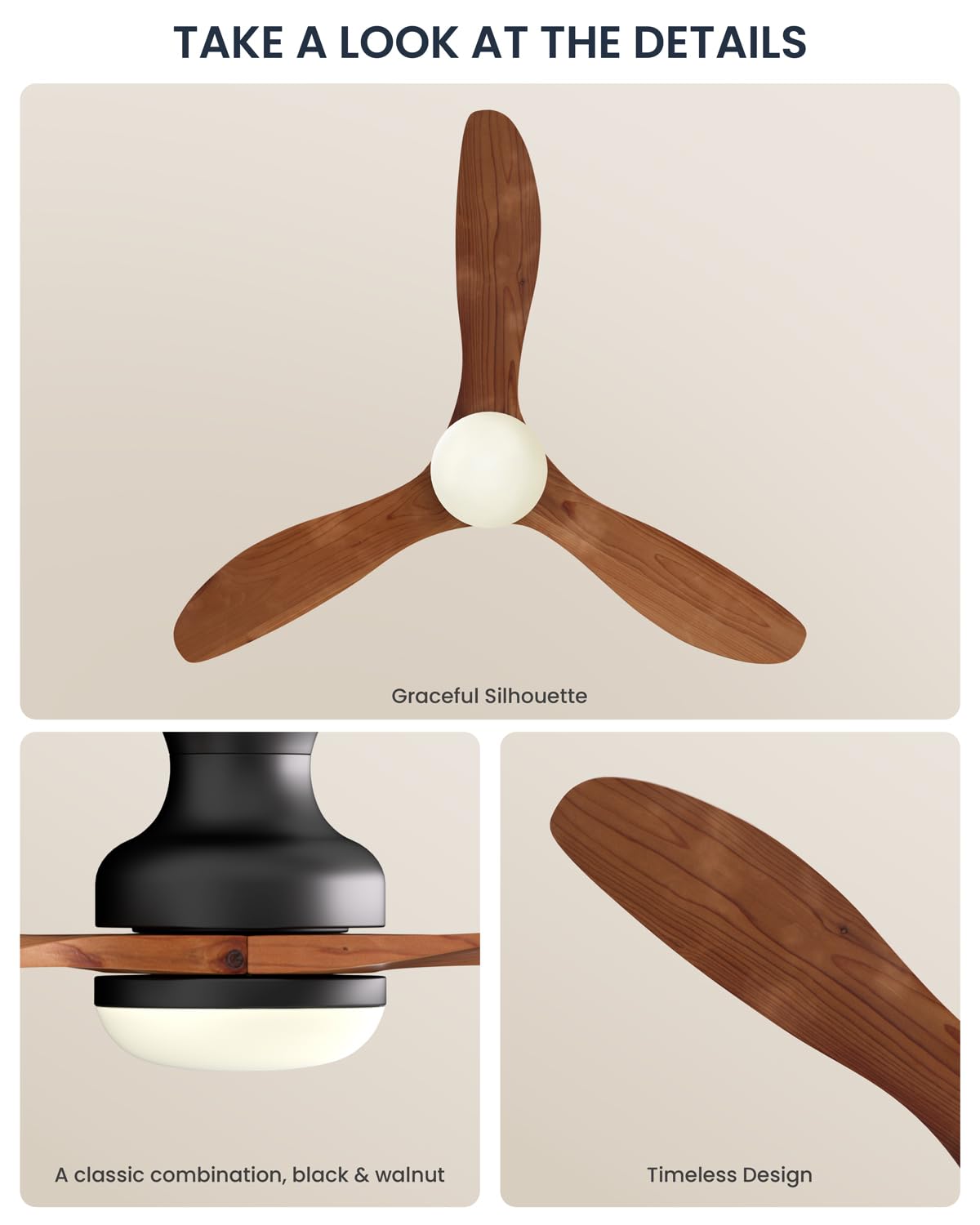 Frstem Leah 52" Flush Mount Solid Wood Ceiling Fan with Light & Remote Control, Low Profile/3 Blades/6-speed/Timer/3 CCT/Quiet DC Motor Ceiling Fan Light Fixture, for Kitchen Bedroom Living Room Frstem