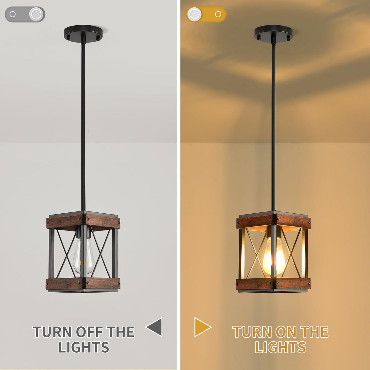 HOXIYA Farmhouse Pendant Light, 2 Pack Rustic Farmhouse Linear Chandelier with Wood and Metal Cage, Kitchen Island Pendant Light Adjustable Height for Dining Room Light Kitchen Island Bedroom HOXIYA