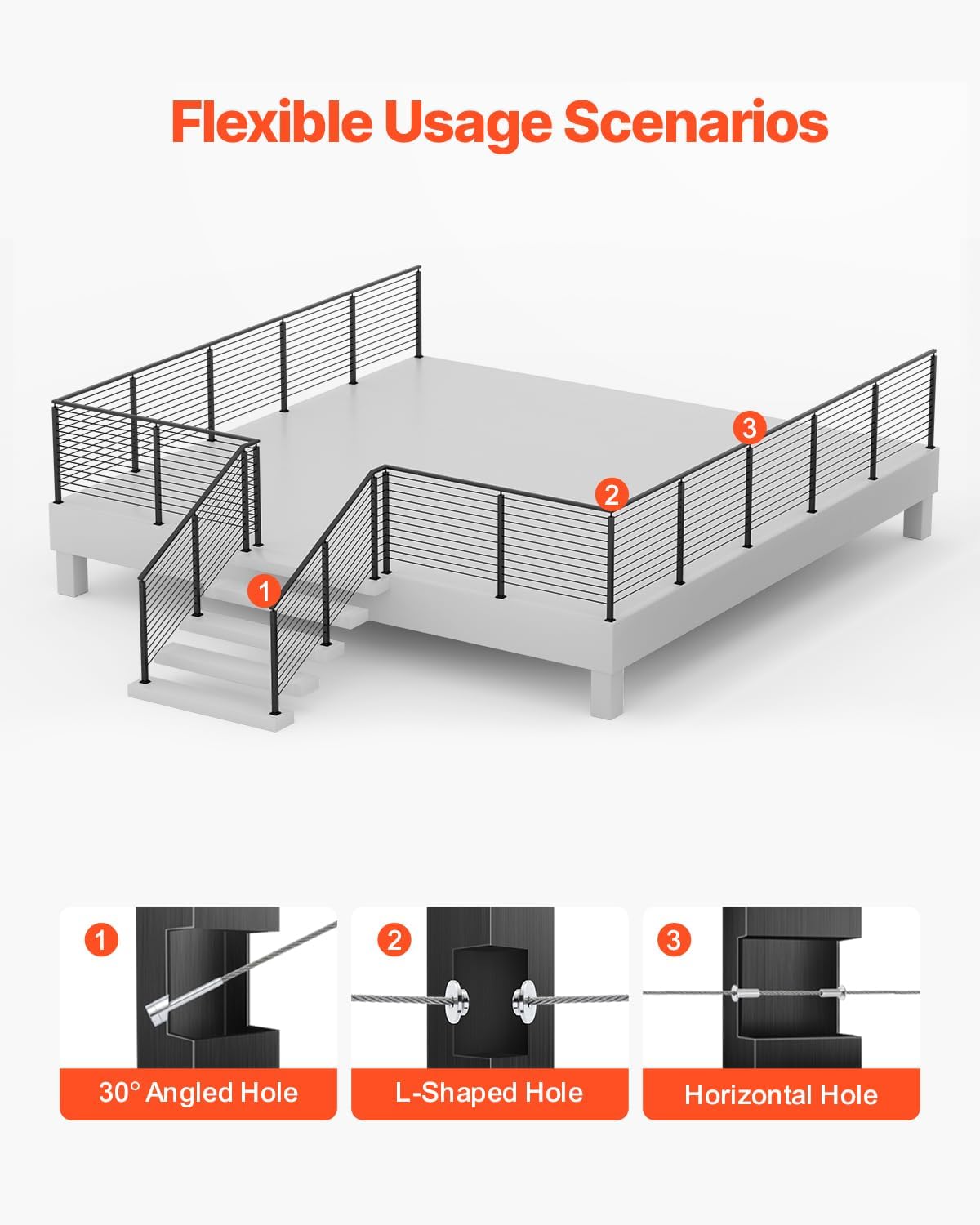 VEVOR 4 Pack Cable Railing Post, 42"x2"x2" Level Drilled Deck Railing Post, SUS304 Stainless Steel Black Cable Railing System Kit for Indoor Outdoor Deck Balcony, 4JZLGZXHS106URZU0001V0 VEVOR