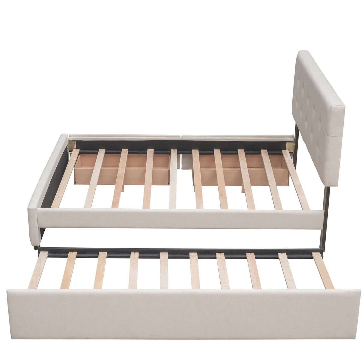 Ball & Cast Queen Size Bed Frame with 2 Drawers and 1 Twin XL Trundle, Linen Upholstered Platform Bed with Button Tufted Headboard and Wood Slats Support, No Box Spring Needed,Beige Ball & Cast