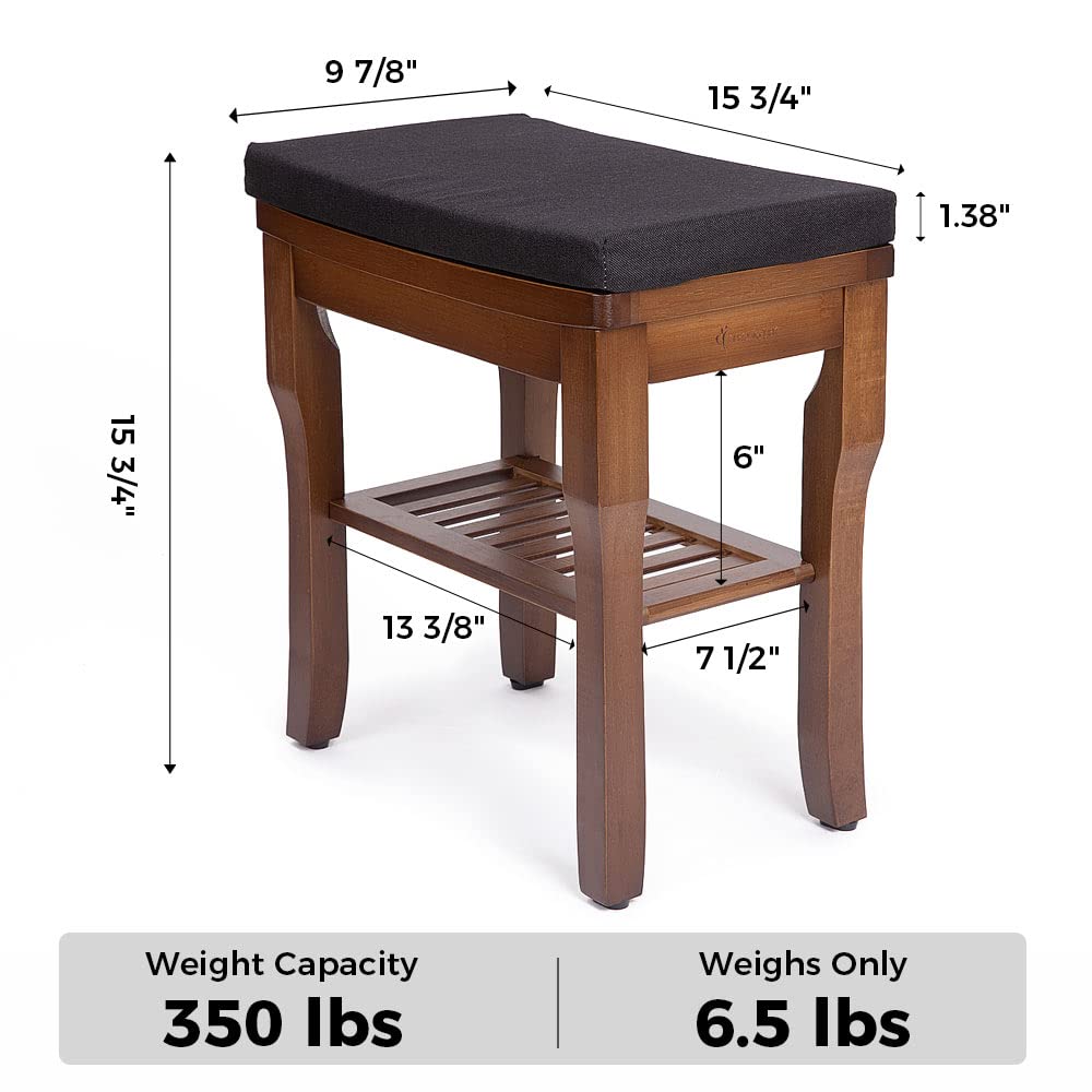 StrongTek Bamboo Shower Bench Seat with Soft Cushion, Footrest Shaving Stool with Storage Shelf, Non-Slip, Ideal for Spa Bath Seat, Bathroom, Living Room & Garden Decor, Espresso StrongTek