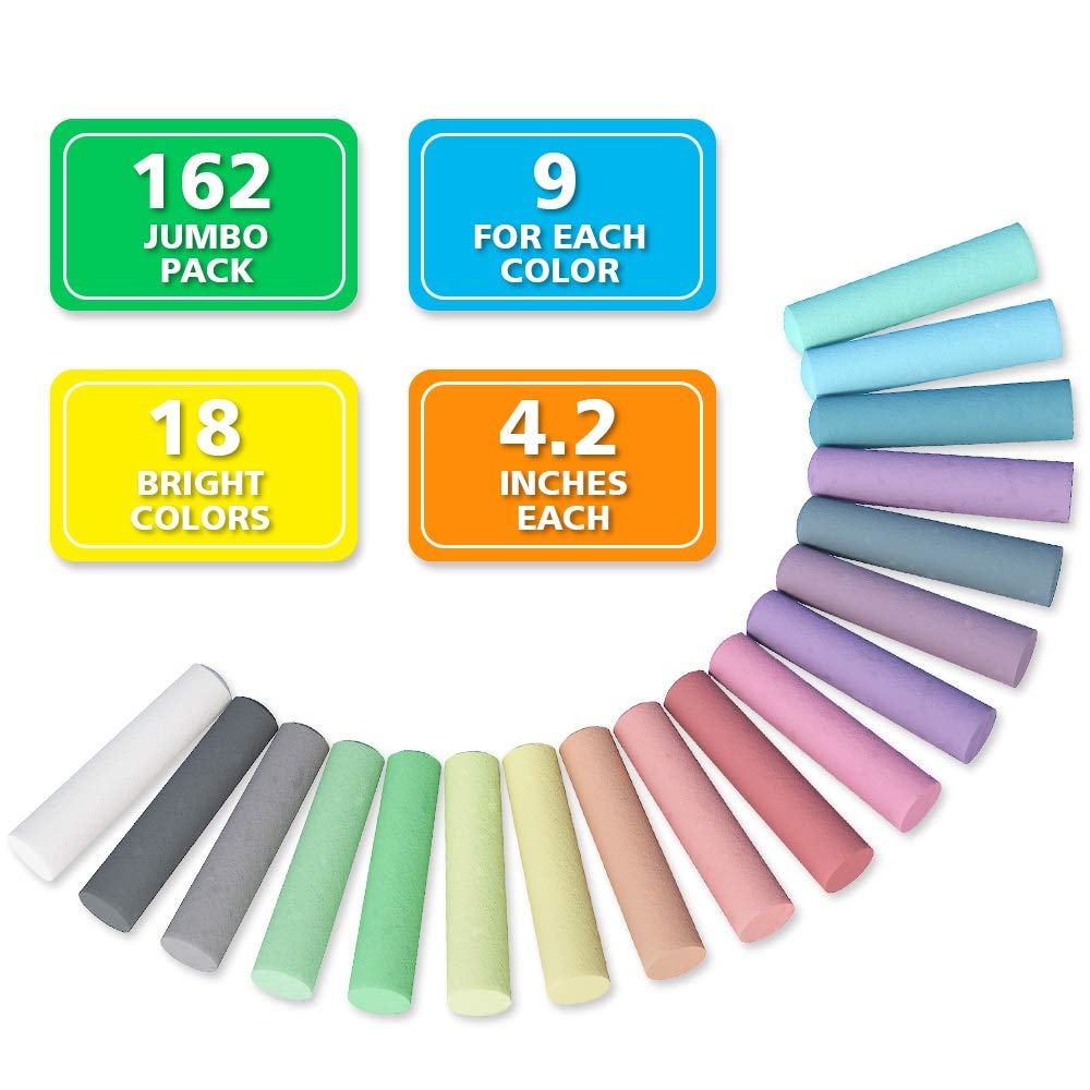 feela Sidewalk Chalk, 162 Pack 18 Colors Sidewalk Chalk Set For Kids Jumbo Chalk Bulk, Great for Kids Family, Paint on Sidewalk Wall School Driveway Blackboard Street Playground feela