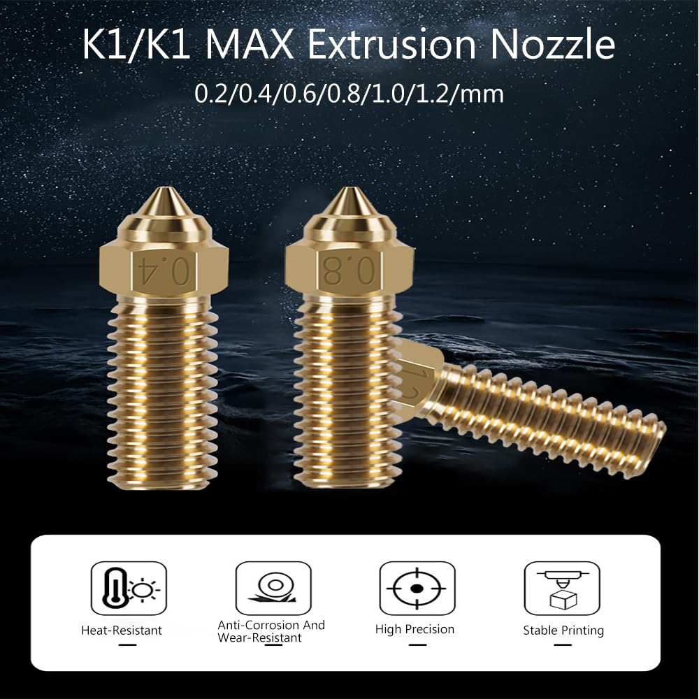 10PCS 3D Printer Extruder Nozzles Kit for K1/K1 Max/Ender 3 V3 KE, Packed High Temperature and Wear Resistance 5PCS 0.4mm, 1PC 0.2mm, 1PC 0.6mm, 1PC 0.8mm, 1PC 1.0mm and 1PC 1.2mm Brass Nozzles CNZTHDY