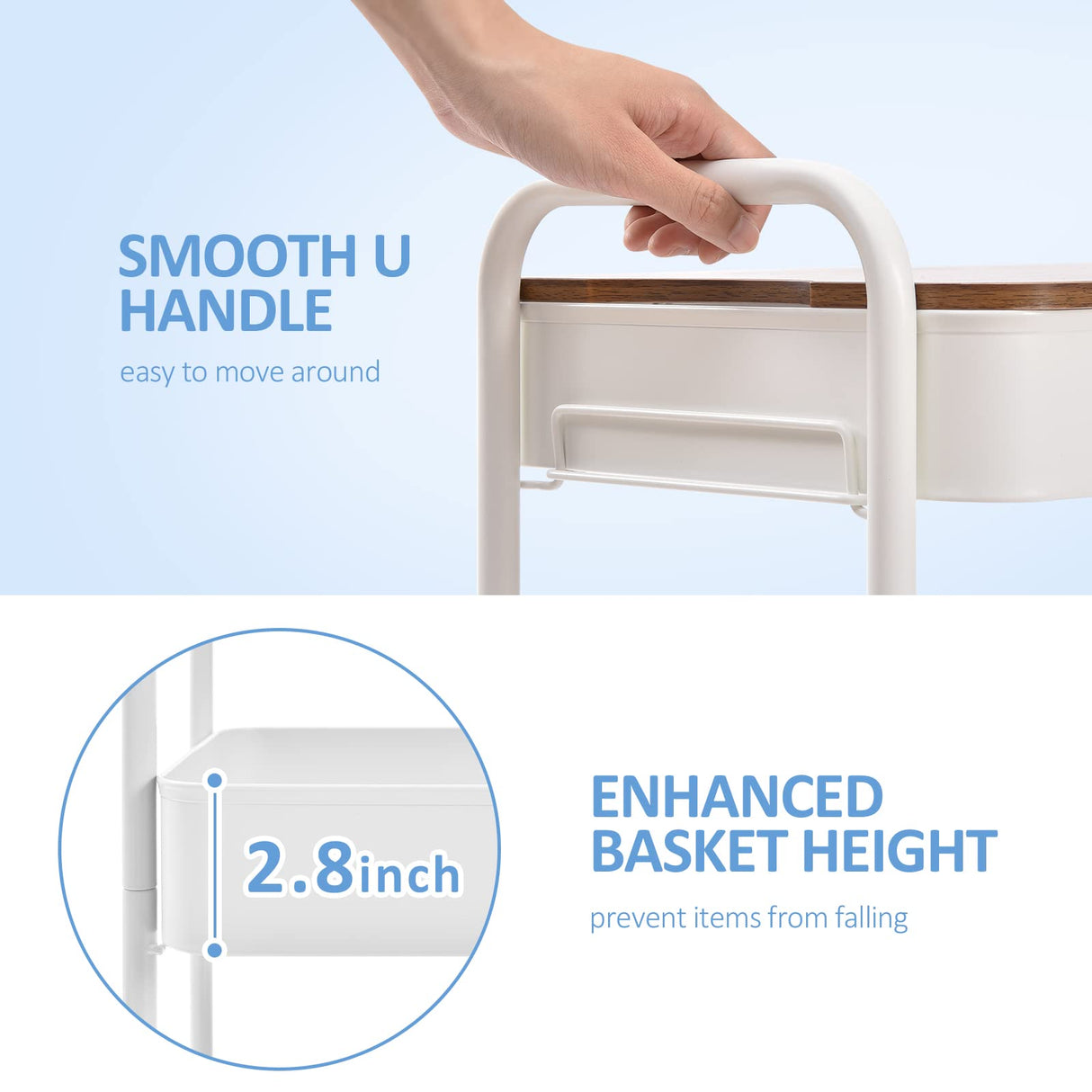 TOOLF 3-Tier Rolling Cart with Table Top, Metal Storage Cart on Wheels, Utility Organizer with Wooden Tray, Lockable Casters, Easy Assembly for Bathroom, Living Room, Office, Kitchen, White TOOLF