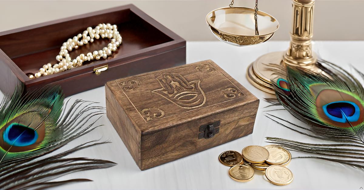 Great Birthday Gifts Handmade Decorative Wooden Jewelry Box Hamsa Hand Carving Jewelry Organizer Keepsake Box Treasure Chest Trinket Holder Watch Box Storage Lock Box 7 x 5 Inches Housewarming Gift The Great Indian Bazaar