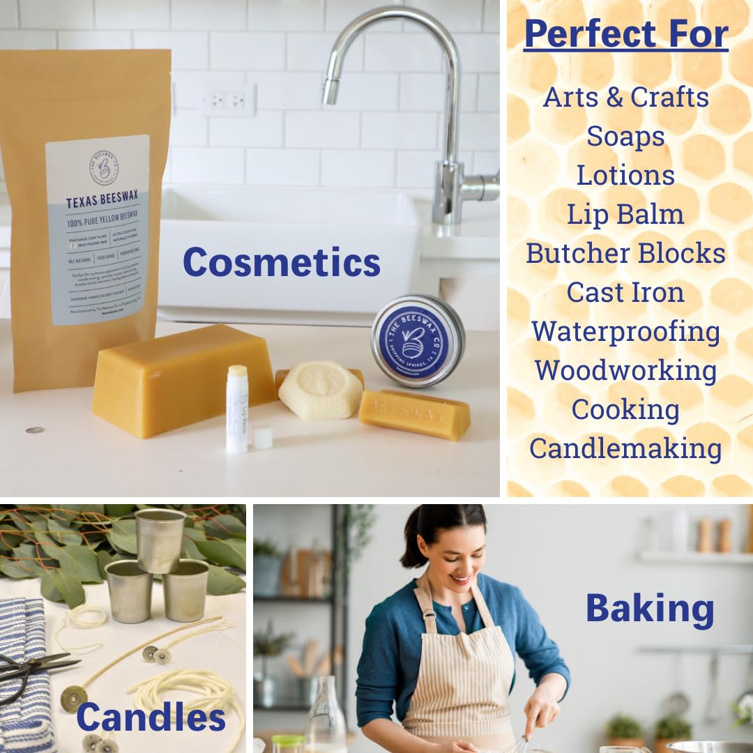 The Beeswax Co Pure Texas Beeswax Block - Ultra Clean - Naturally Filtered & Honey Scented - Premium Food Grade Yellow Beeswax For Candles, Butcher Blocks, Etc - Organic Bees Wax Bars - 1lb B