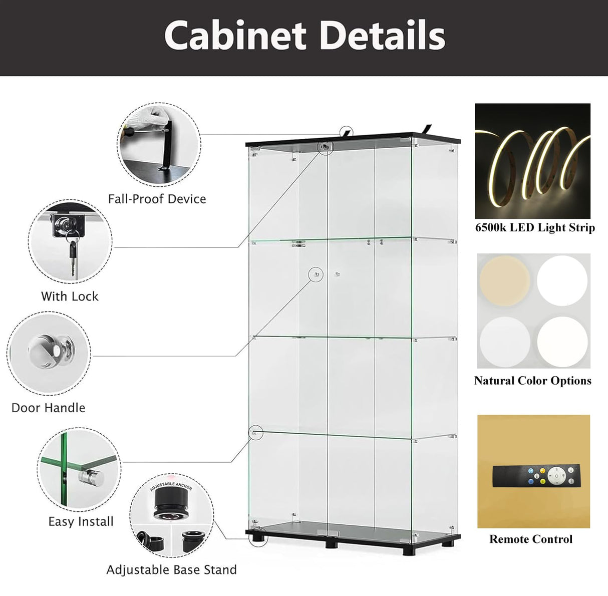 Modern 4-Tier Glass Display Shelf with 2 Doors, Curio Cabinet Collection - Floor Standing Display Case for Living Room, Bedroom, Home Office - 30" W x 14.5" D x 64" H (Black with LED Light Strip) Zacis