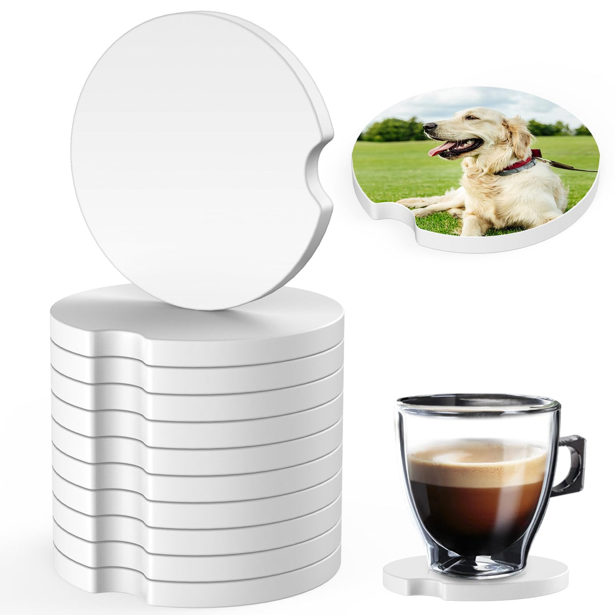 Sublimation Blanks Car Coasters, 12pcs Absorbent Ceramic Car Cupholder Coasters with A Finger Notch for Easy Removal, Keep Vehicle Free from Cold Drink Sweat, Stain and Spill Valyria