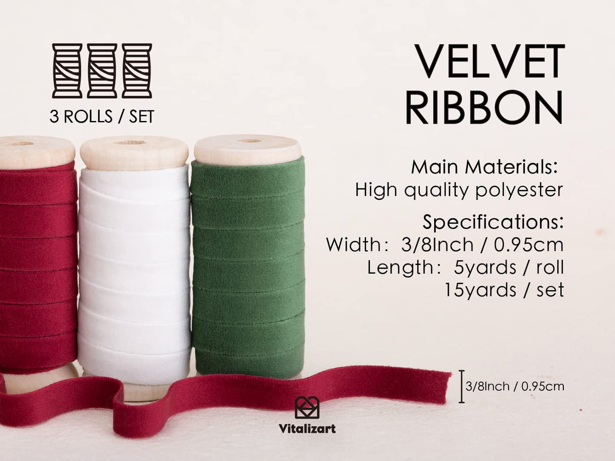 Vitalizart Christmas Velvet Ribbon Set 3/8" x 15 Yd Wooden Spool Fabric Trim 3 Rolls * 5 Yd for Christmas Wreath Decoration Handmade Craft Ornaments Gift Wrapping & Bow Making Vitalizart