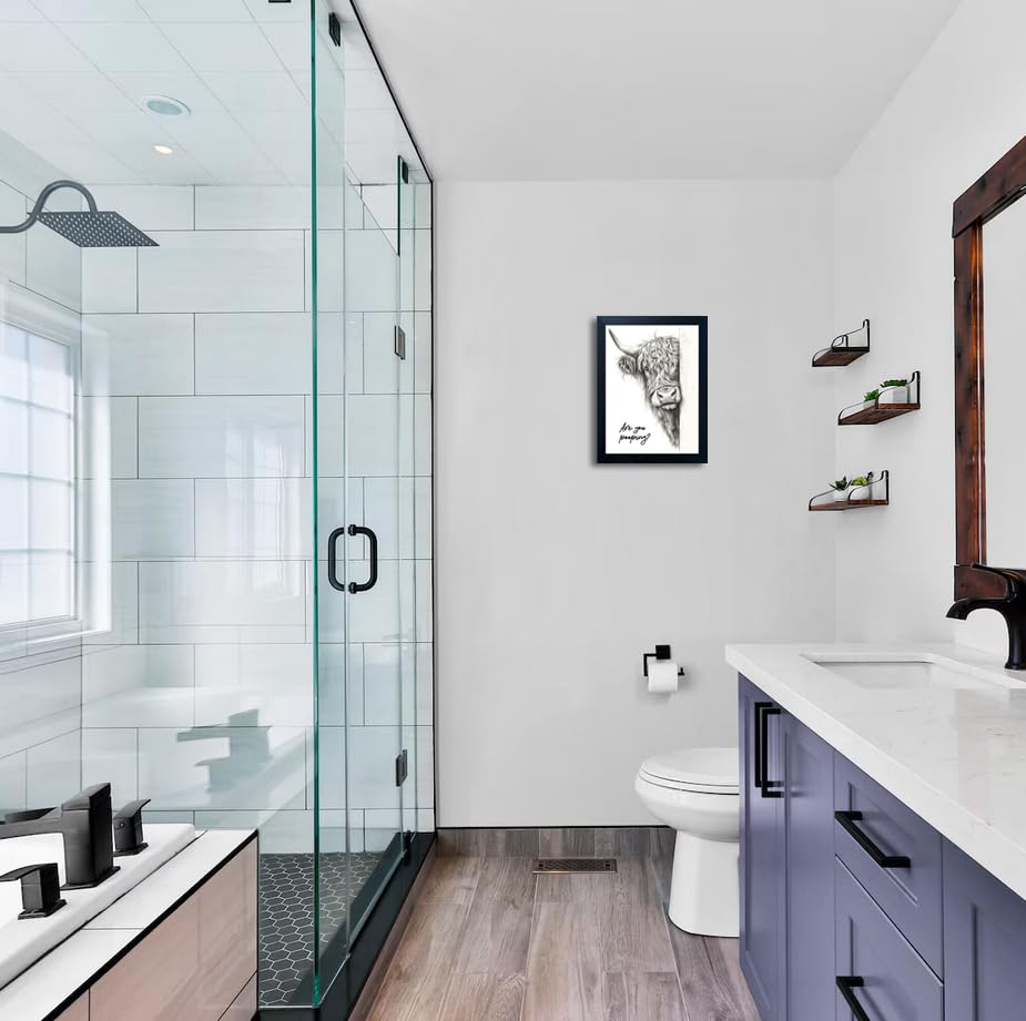 Funny Highland Cow Bathroom Wall Art - Rustic Farmhouse Wall Decor with Humorous Are You Pooping Canvas Print, Cute Animal Canvas Art for Restroom - Black Framed Cow Pictures Wall Decor Ready to Hang 8"x10" Gongyuanyihao Arts