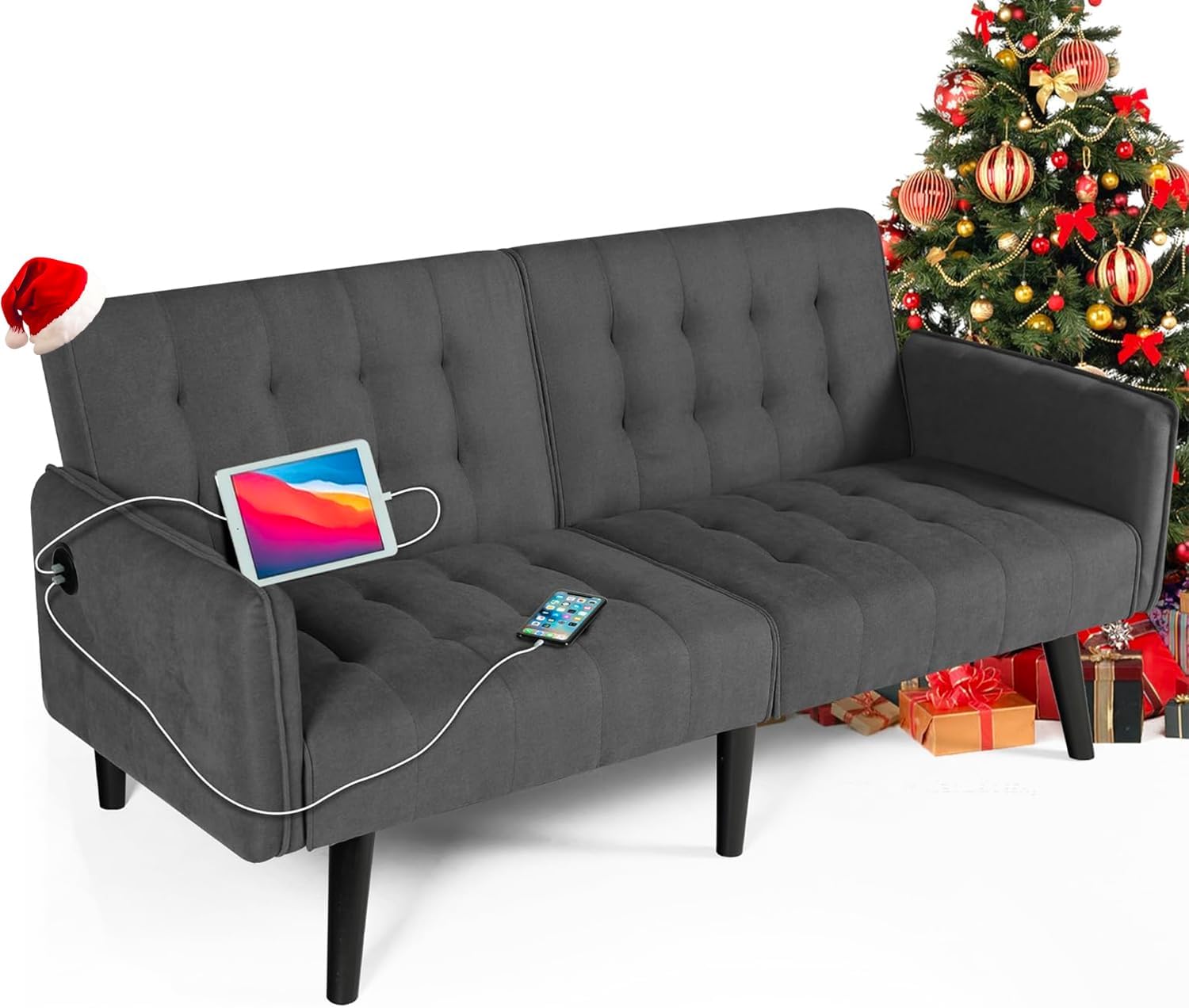 65" Convertible Futon Sofa Bed With USB Ports - Adjustable Backrest Loveseat For Small Spaces
