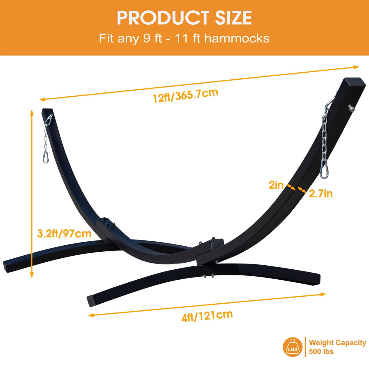 Lazy Daze Hammocks Metal Arc Hammock Stand with Chains Fit 9-11 FT Hammocks, 2-Person Weather-Resistant Steel Curved Heavy Duty Hammock Stand 500 LB Capacity for Outdoor, Black Lazy Daze Hammocks