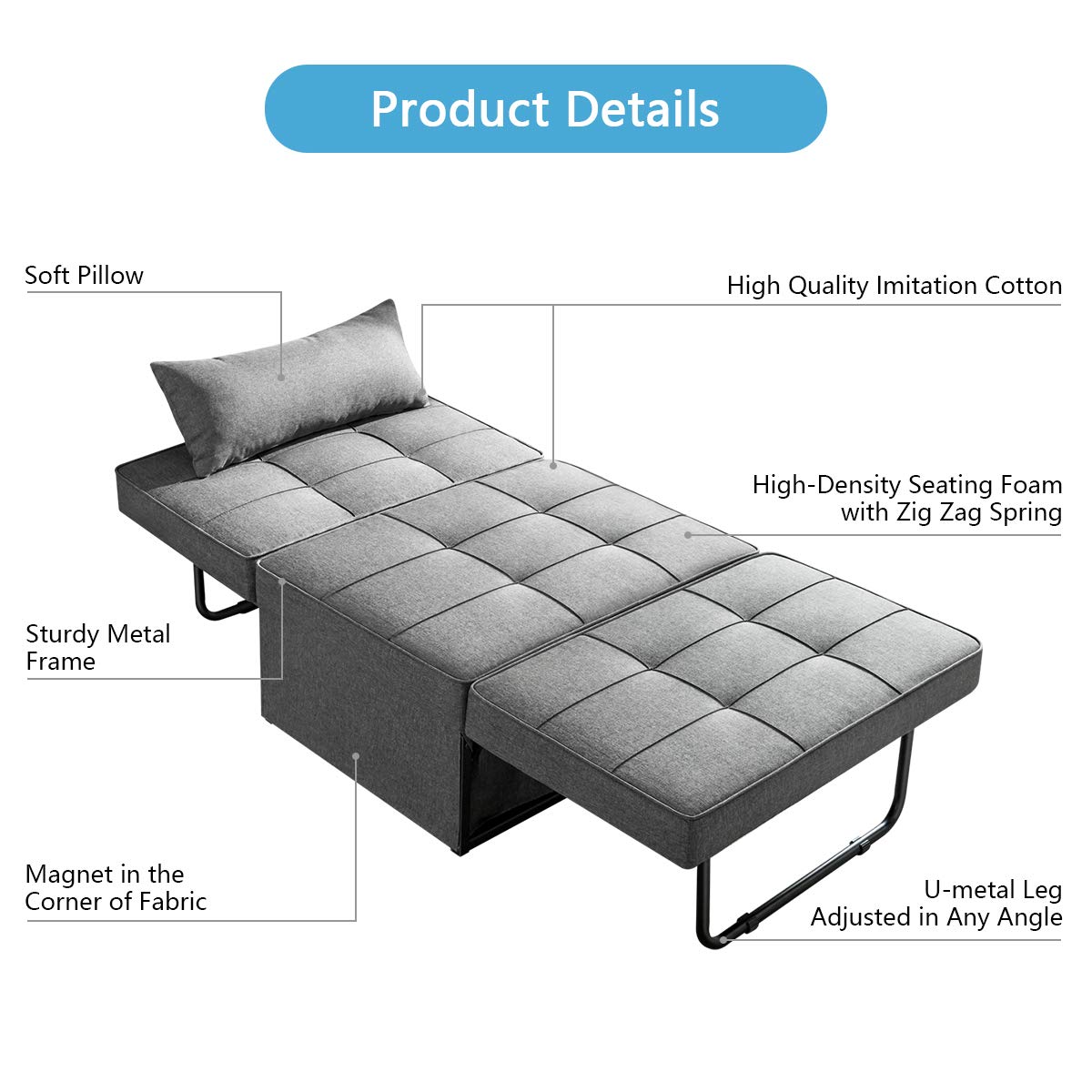 Vonanda Sofa Bed, Convertible Chair 4 in 1 Multi-Function Folding Ottoman Modern Breathable Linen Guest Bed with Adjustable Sleeper for Small Room Apartment,Dark Gray Vonanda