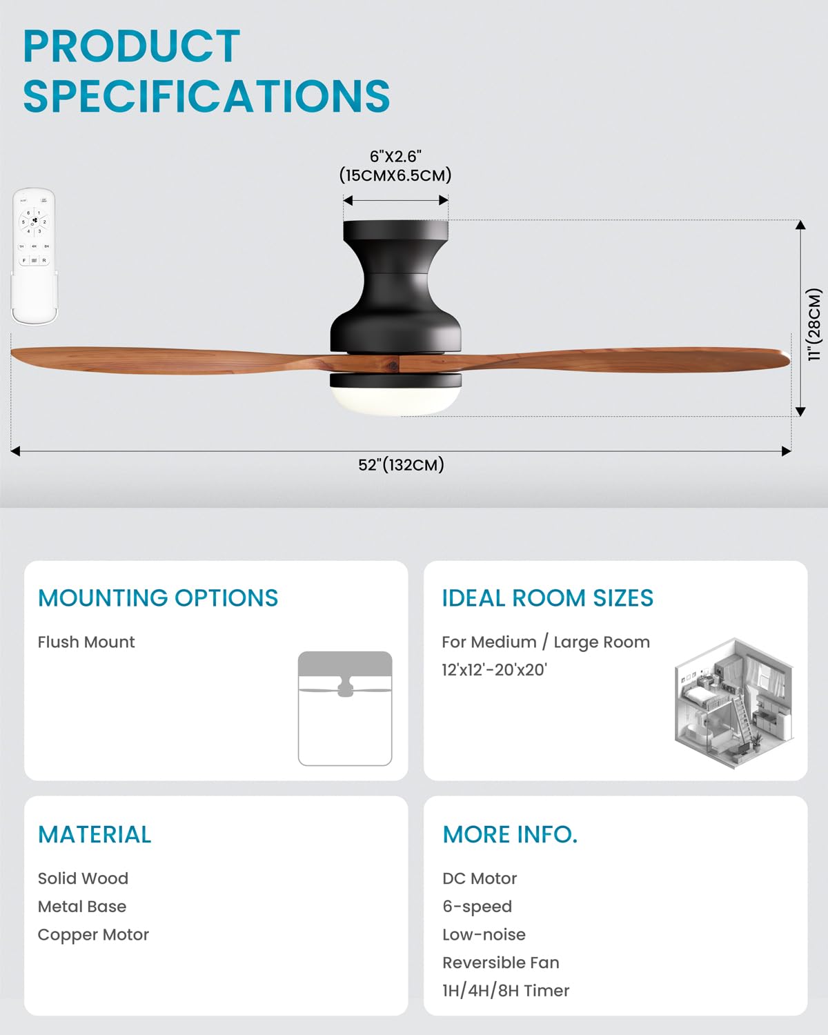 Frstem Leah 52" Flush Mount Solid Wood Ceiling Fan with Light & Remote Control, Low Profile/3 Blades/6-speed/Timer/3 CCT/Quiet DC Motor Ceiling Fan Light Fixture, for Kitchen Bedroom Living Room Frstem