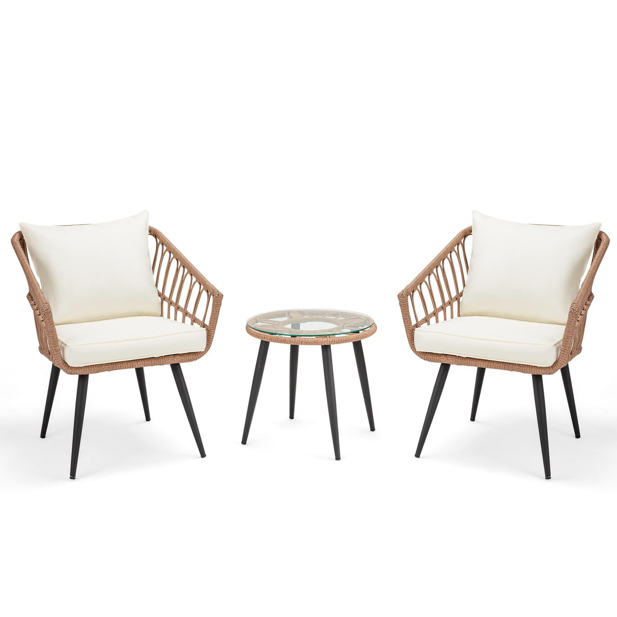 ECOTOUGE 3 Pieces Wicker Patio Bistro Set, Patio Rattan Dining Set with Glass Top Table and Cushions, Outdoor Conversation Furniture Set for Porch, Backyard and Garden (Beige) ECOTOUGE